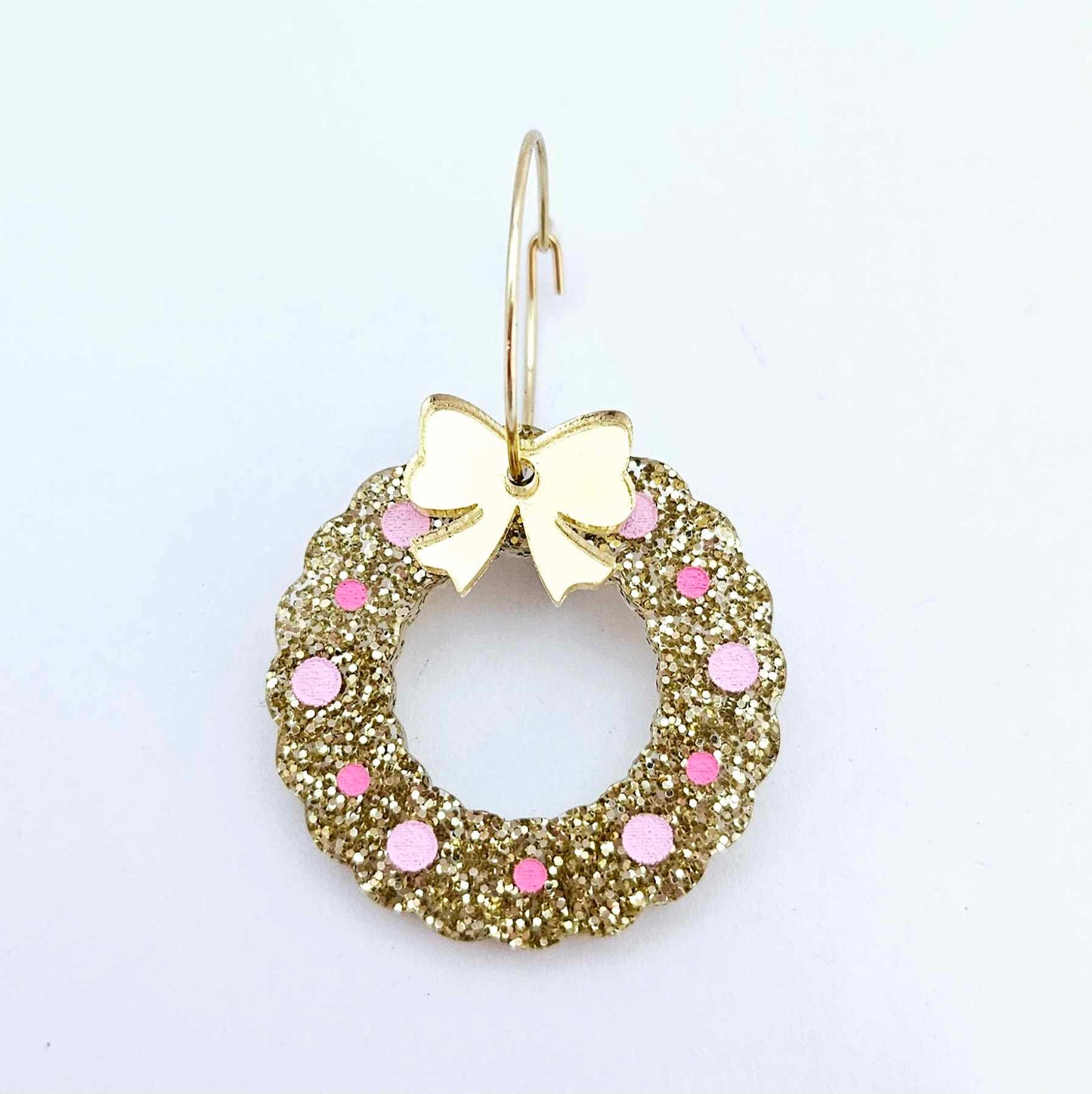 gold glitter wreath Christmas Xmas bows DIY earring supplies laser cut acrylic dangles blanks engraved paint filled baubles layered hoops