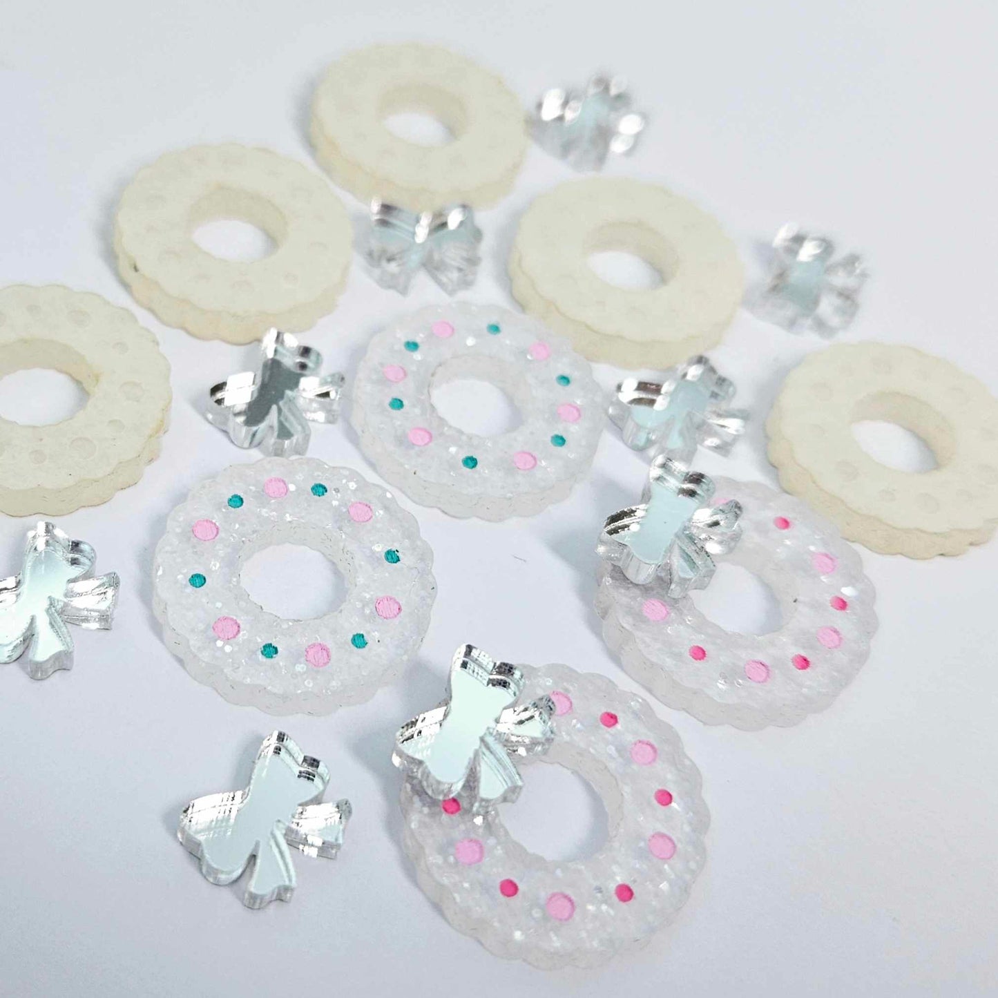 fairy dust silver clear glitter wreath Christmas Xmas silver mirror bows DIY earring supplies laser cut acrylic studs blanks engraved paint filled baubles statement