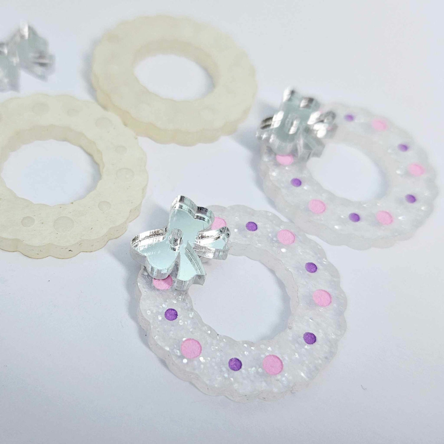 fairy dust clear silver glitter wreath Christmas Xmas bows DIY earring supplies laser cut acrylic dangles blanks engraved paint filled baubles layered hoops