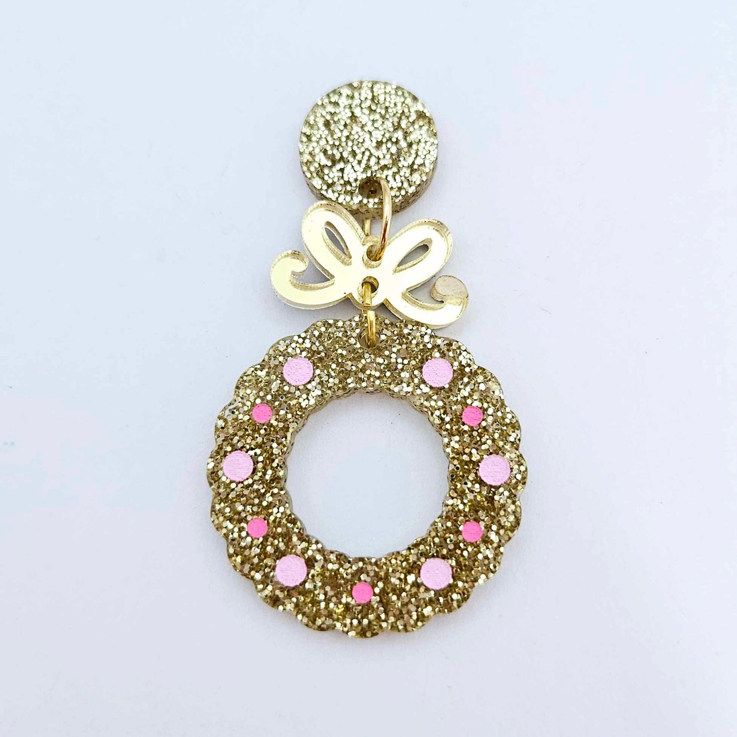 gold glitter wreath Christmas Xmas bows DIY earring supplies laser cut acrylic dangles blanks engraved paint filled baubles layered hoops