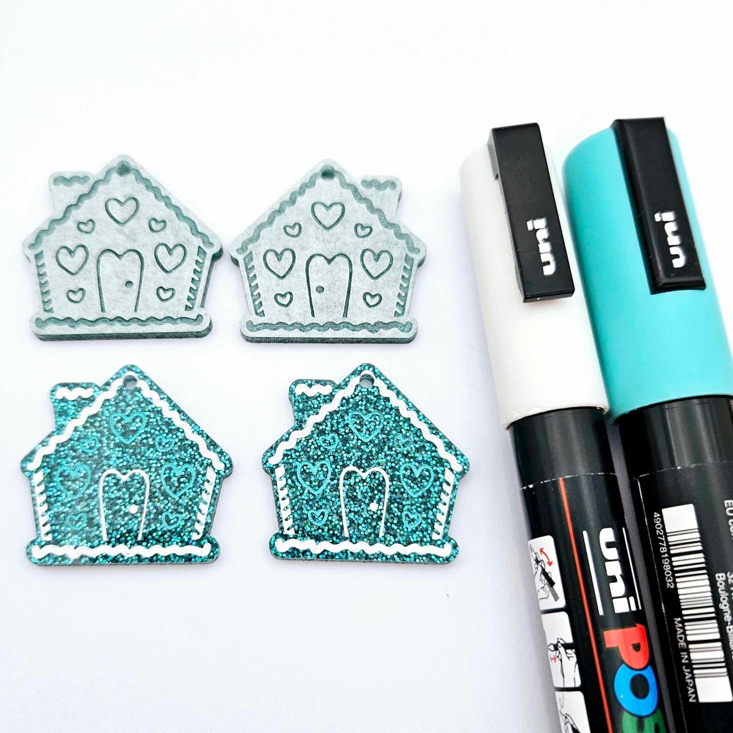 teal glitter gingerbread houses Christmas Xmas DIY earring supplies laser cut acrylic dangles blanks engraved paint fill icing frosting