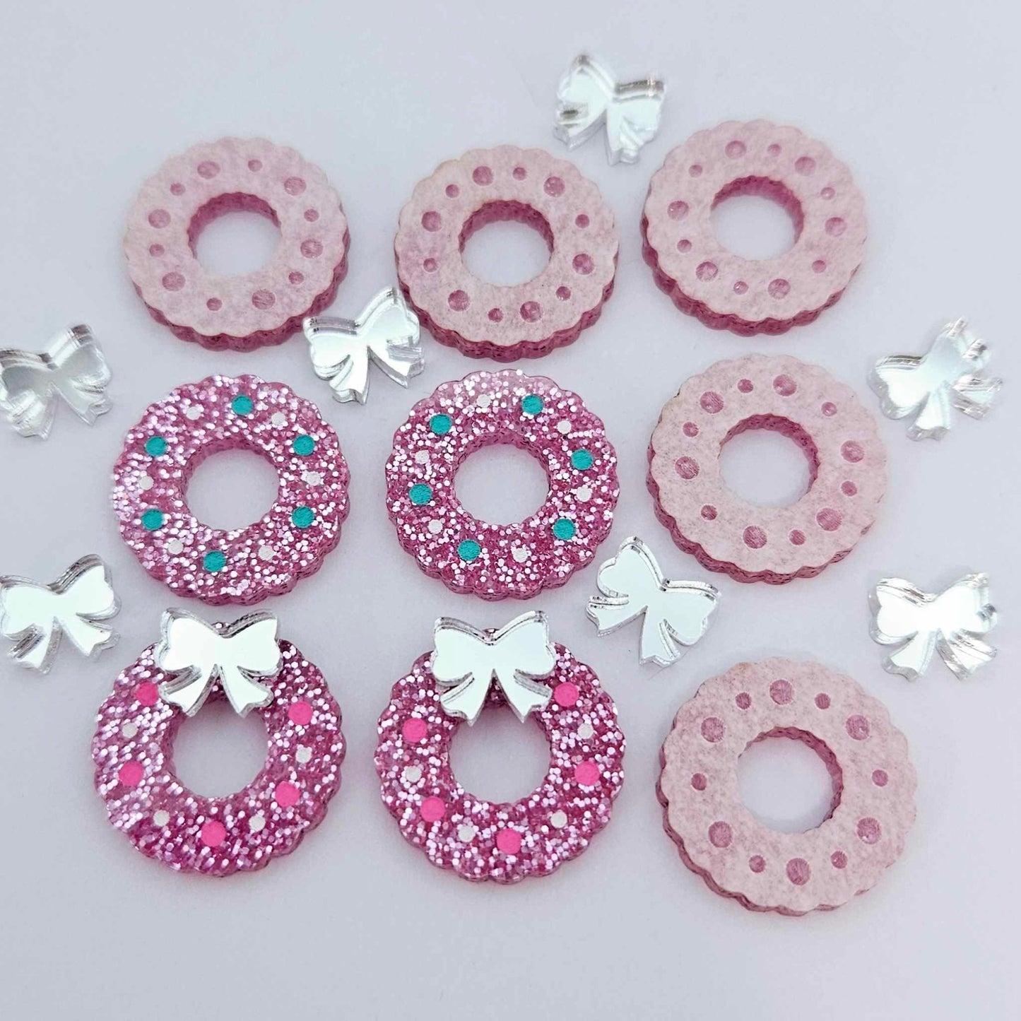 pink glitter wreath Christmas Xmas silver mirror bows DIY earring supplies laser cut acrylic studs blanks engraved paint filled baubles statement