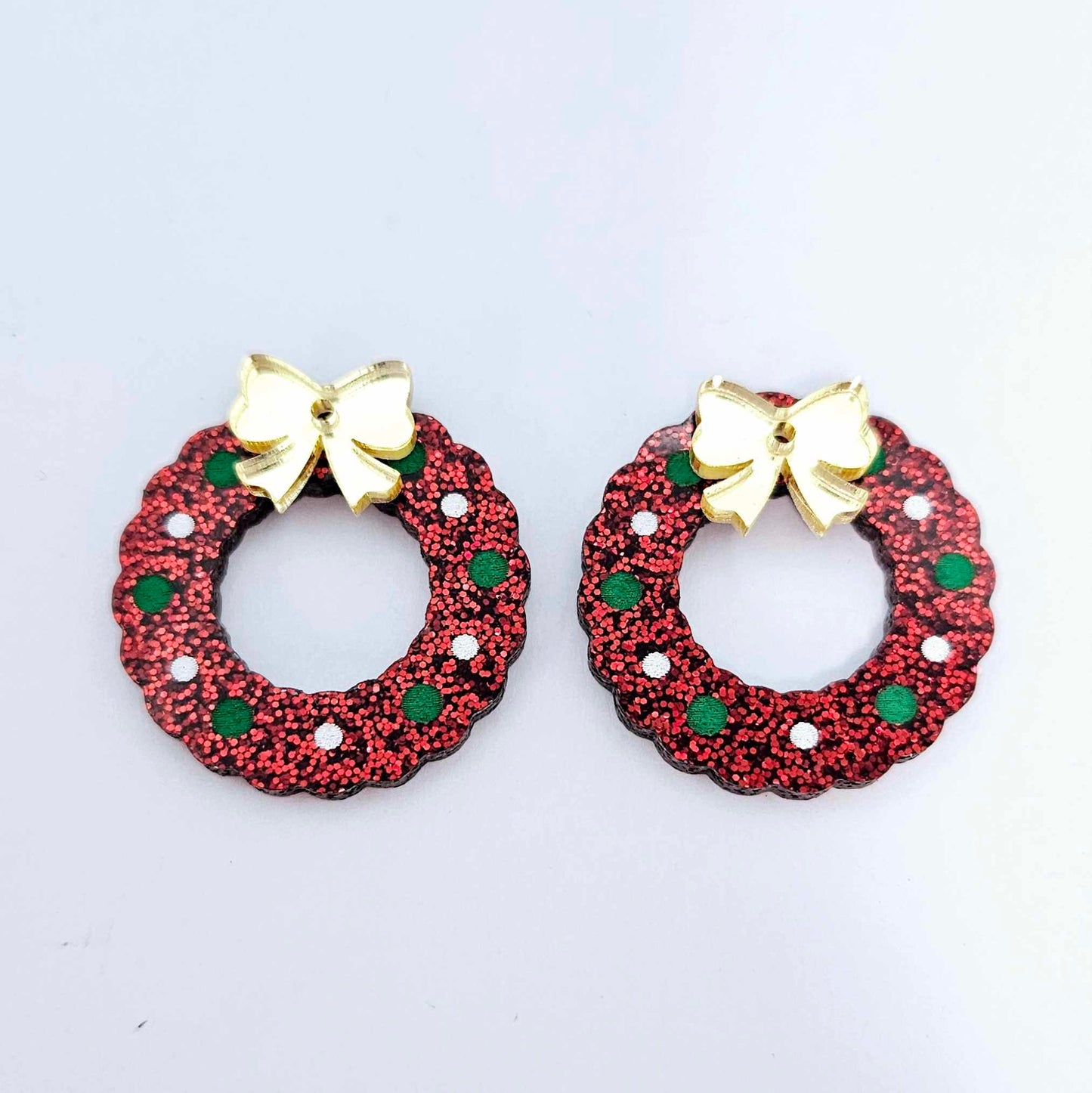 red glitter wreath Christmas Xmas bows DIY earring supplies laser cut acrylic dangles blanks engraved paint filled baubles layered hoops