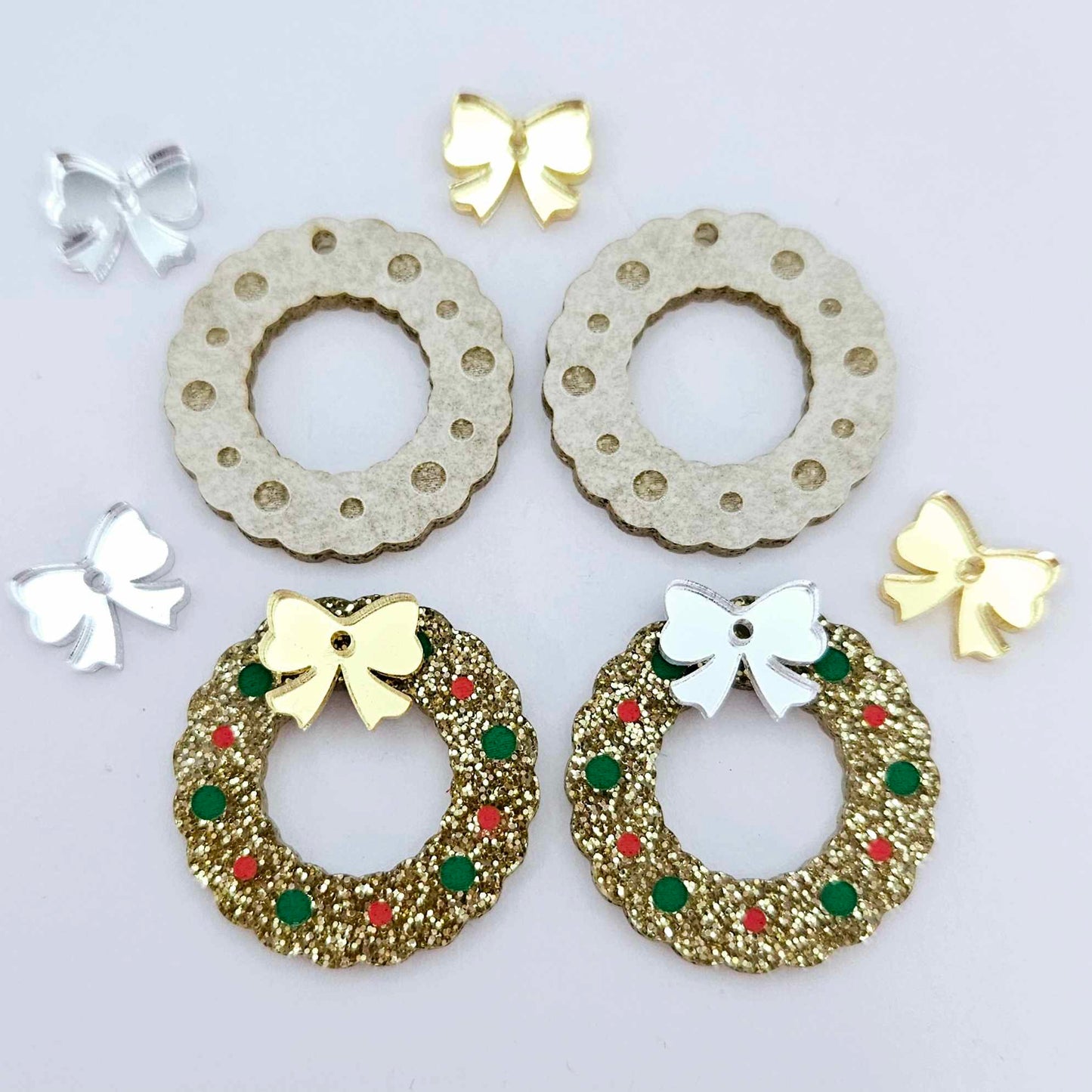 gold glitter wreath Christmas Xmas bows DIY earring supplies laser cut acrylic dangles blanks engraved paint filled baubles layered hoops