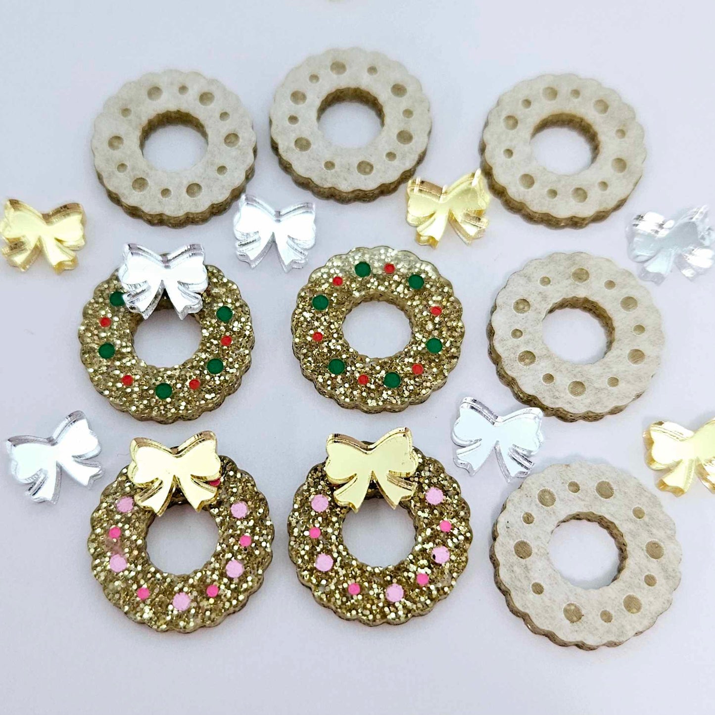 gold glitter wreath Christmas Xmas silver mirror bows DIY earring supplies laser cut acrylic studs blanks engraved paint filled baubles statement