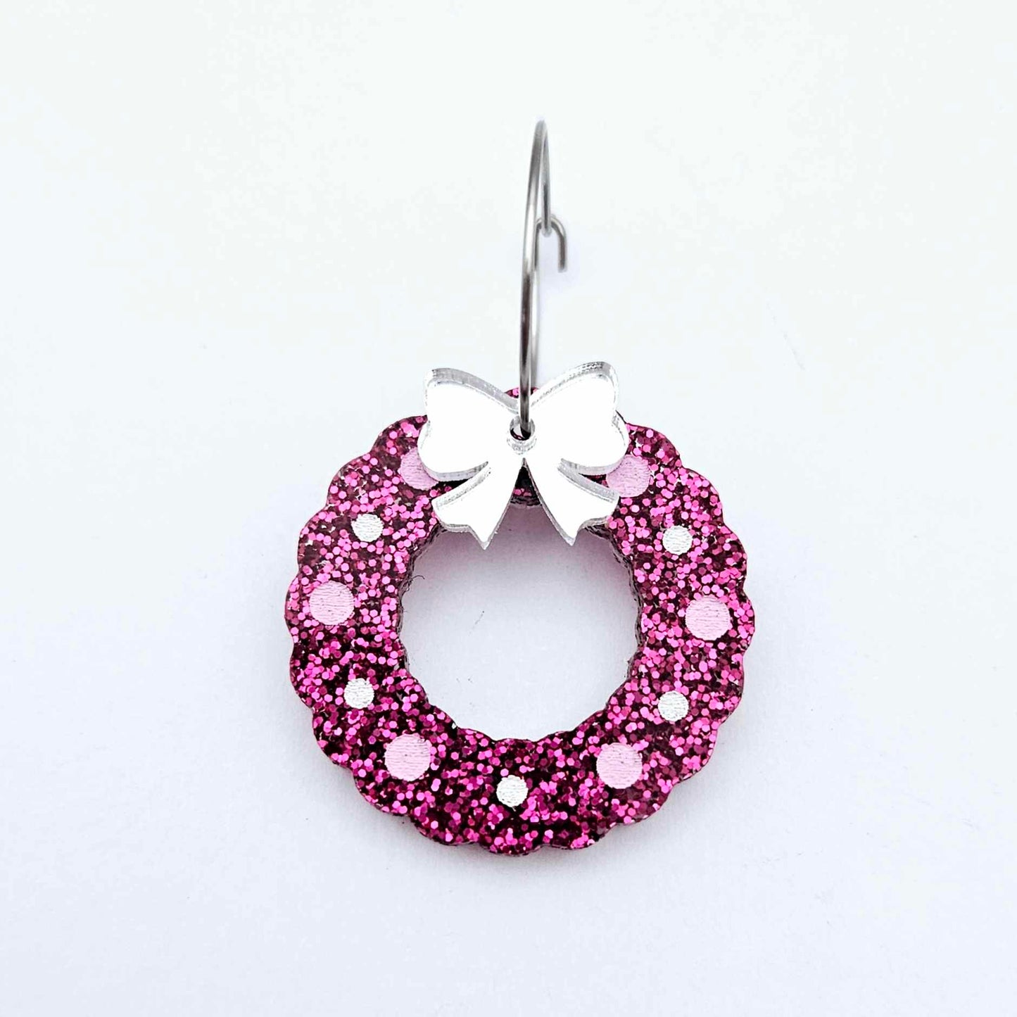 hot pink glitter wreath Christmas Xmas bows DIY earring supplies laser cut acrylic dangles blanks engraved paint filled baubles layered hoops