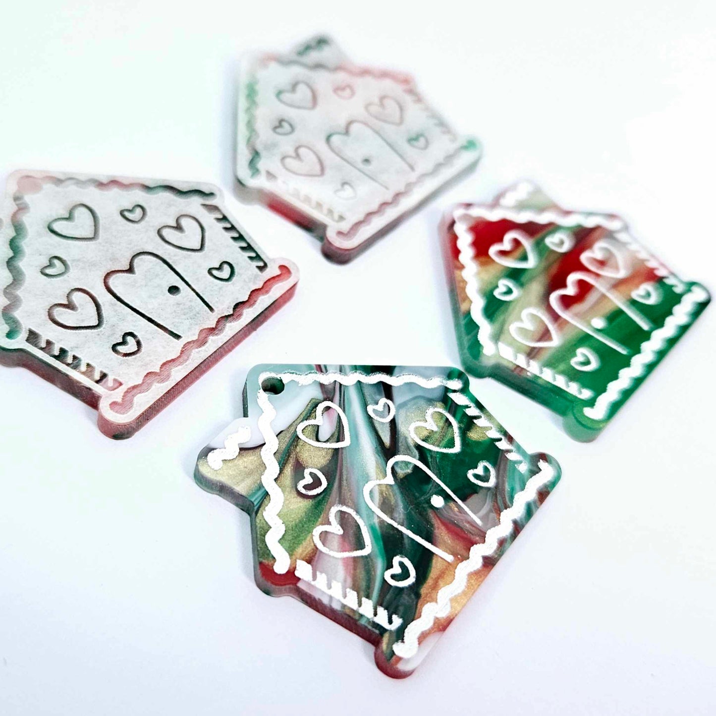 red green white gold shimmer swirl marble gingerbread houses Christmas Xmas DIY earring supplies laser cut acrylic dangles blanks engraved paint fill icing frosting