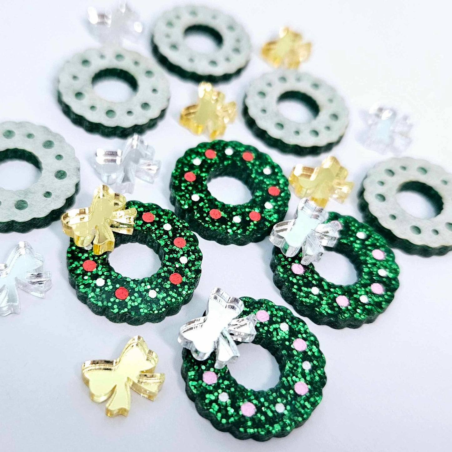 green glitter wreath Christmas Xmas silver gold mirror bows DIY earring supplies laser cut acrylic studs blanks engraved paint filled baubles statement
