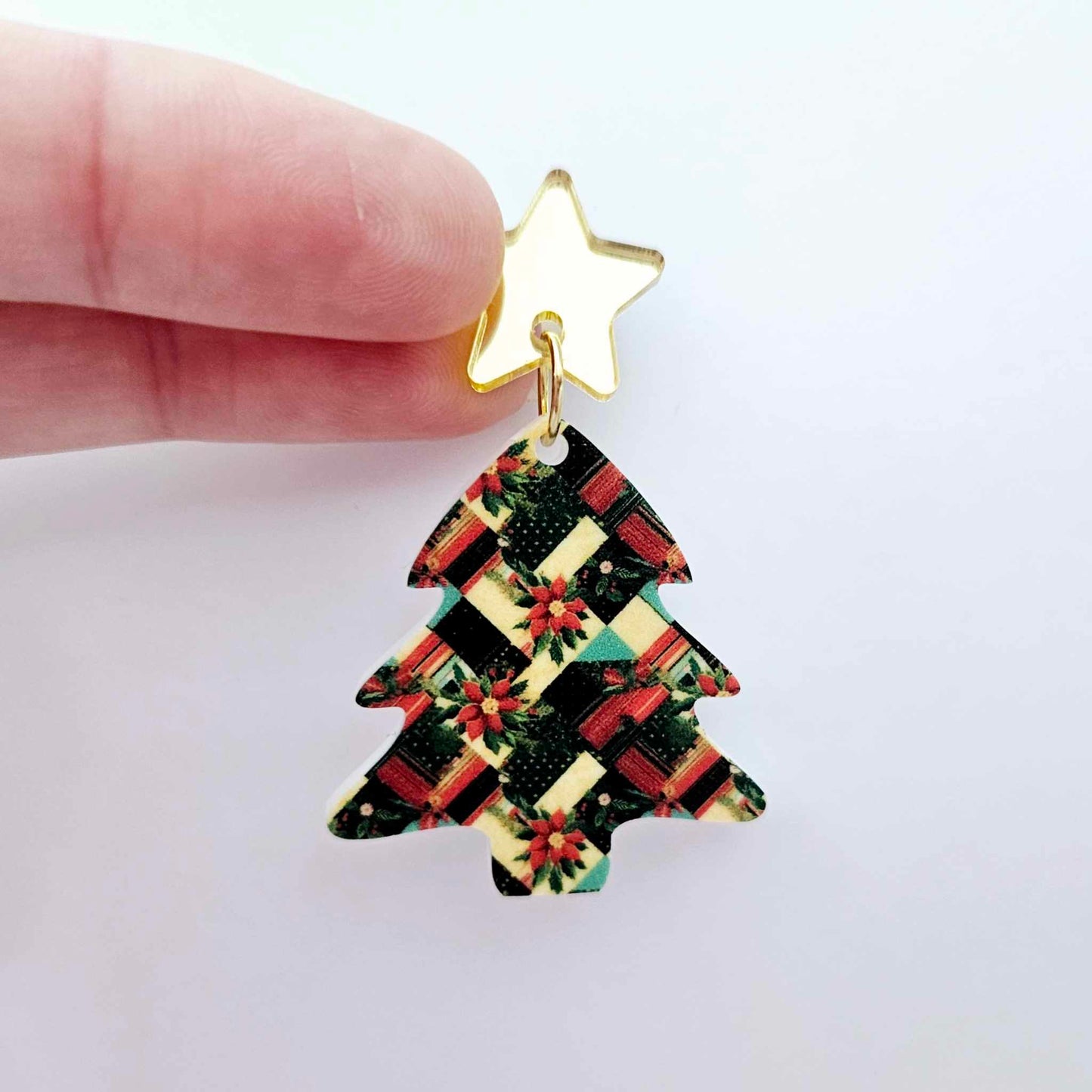 Christmas patchwork red green gold poinsettias UV print Xmas tree DIY earring supplies laser cut acrylic dangles blanks