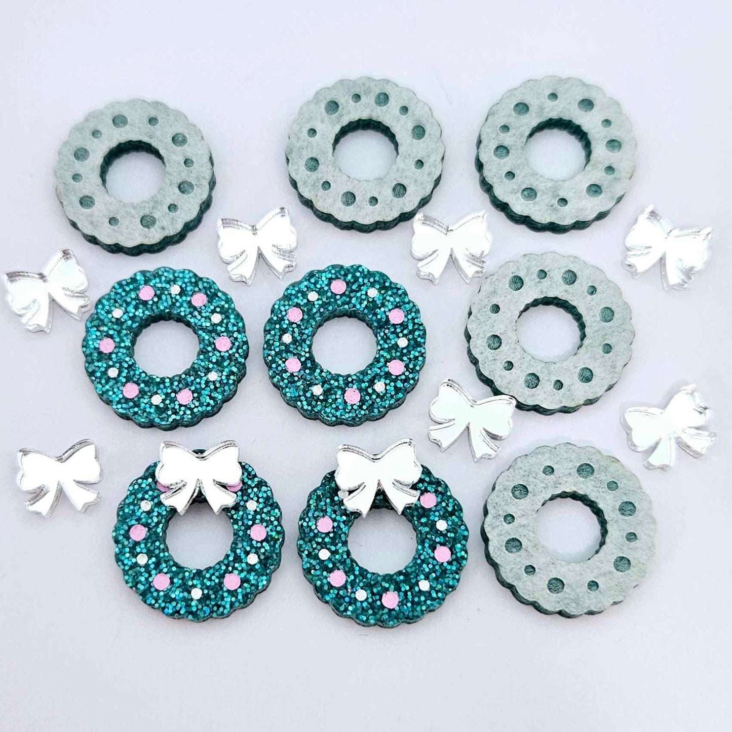 teal glitter wreath Christmas Xmas silver mirror bows DIY earring supplies laser cut acrylic studs blanks engraved paint filled baubles statement