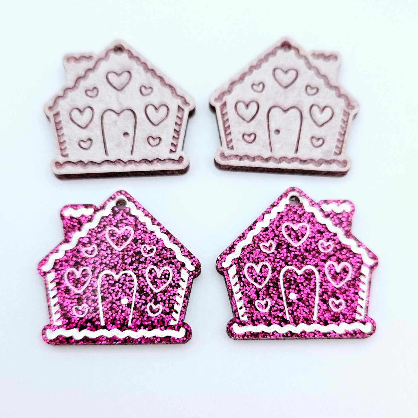 hot pink glitter gingerbread houses Christmas Xmas DIY earring supplies laser cut acrylic dangles blanks engraved paint fill icing frosting