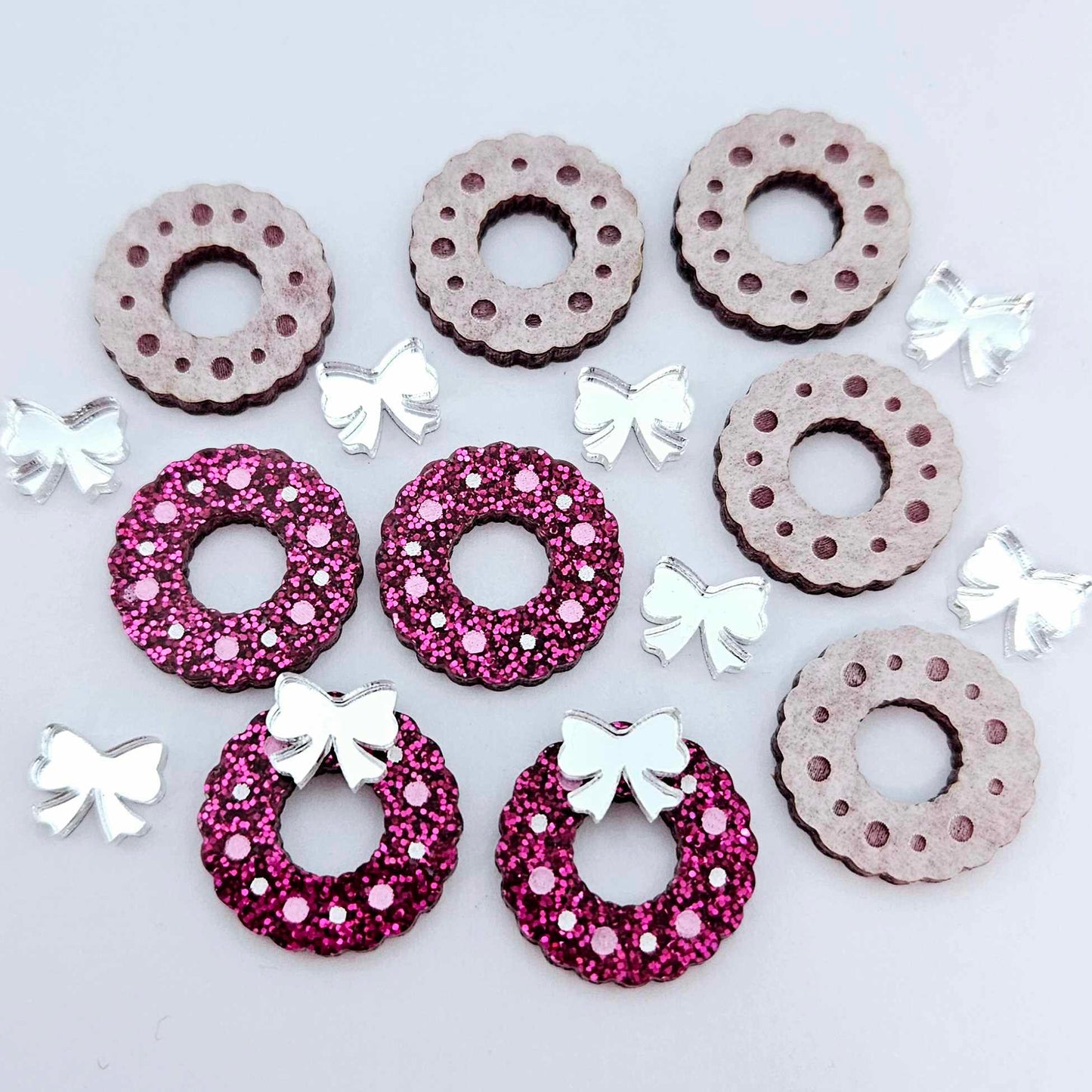 hot pink glitter wreath Christmas Xmas silver mirror bows DIY earring supplies laser cut acrylic studs blanks engraved paint filled baubles statement