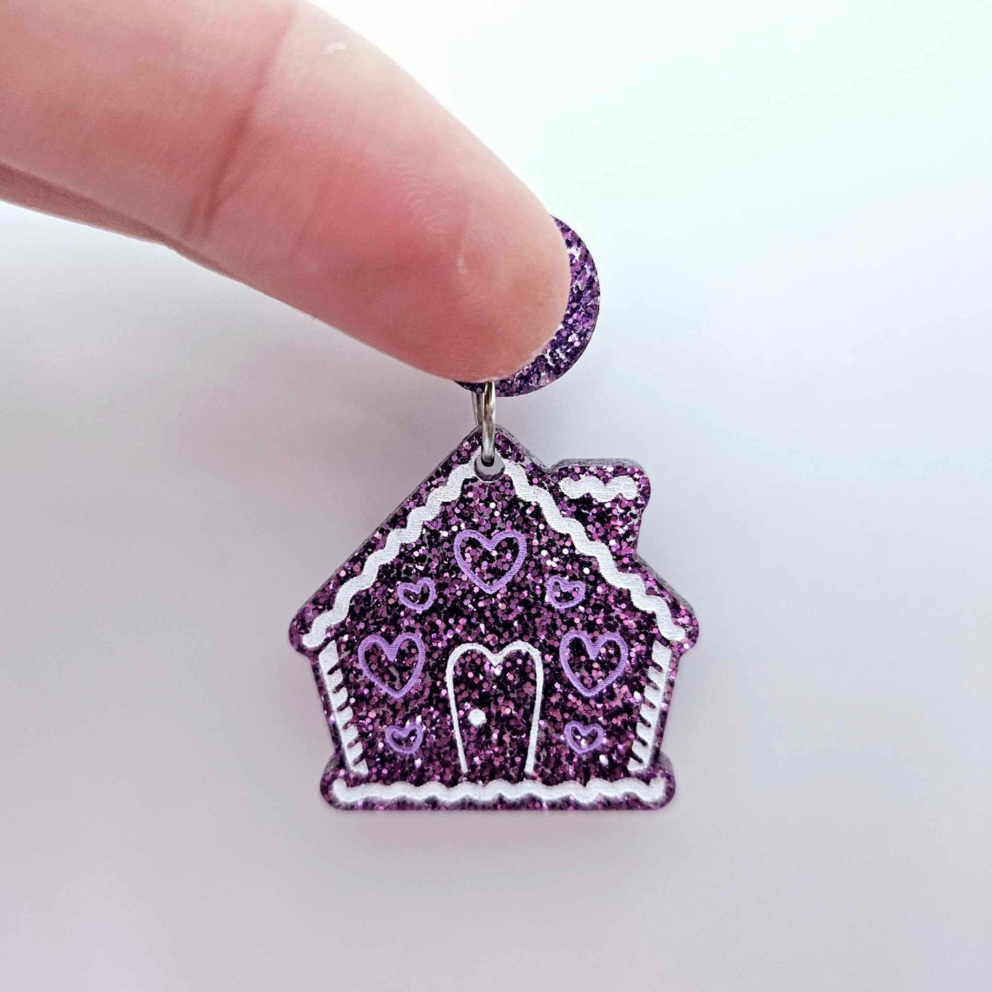 purple glitter gingerbread houses Christmas Xmas DIY earring supplies laser cut acrylic dangles blanks engraved paint fill icing frosting