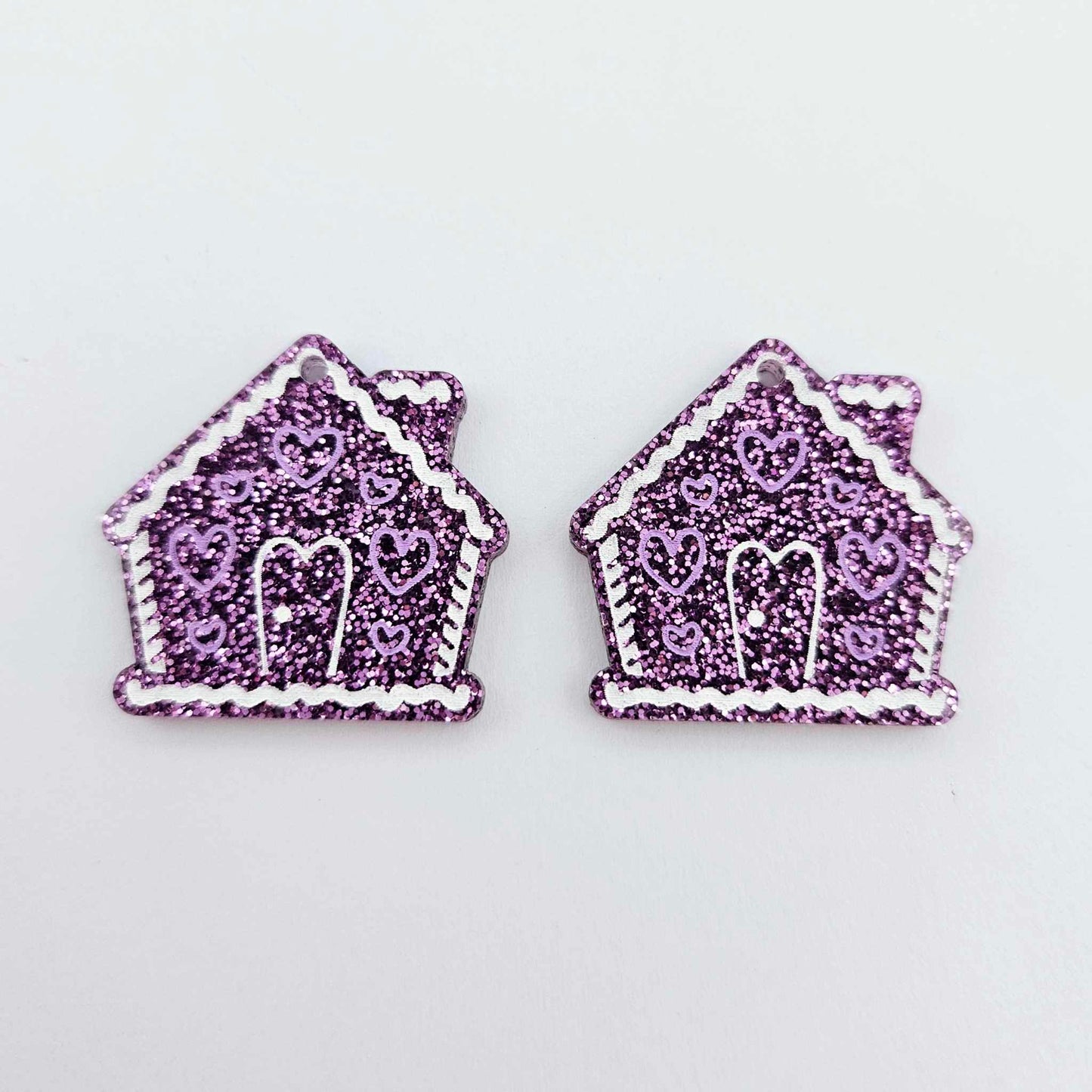 purple glitter gingerbread houses Christmas Xmas DIY earring supplies laser cut acrylic dangles blanks engraved paint fill icing frosting