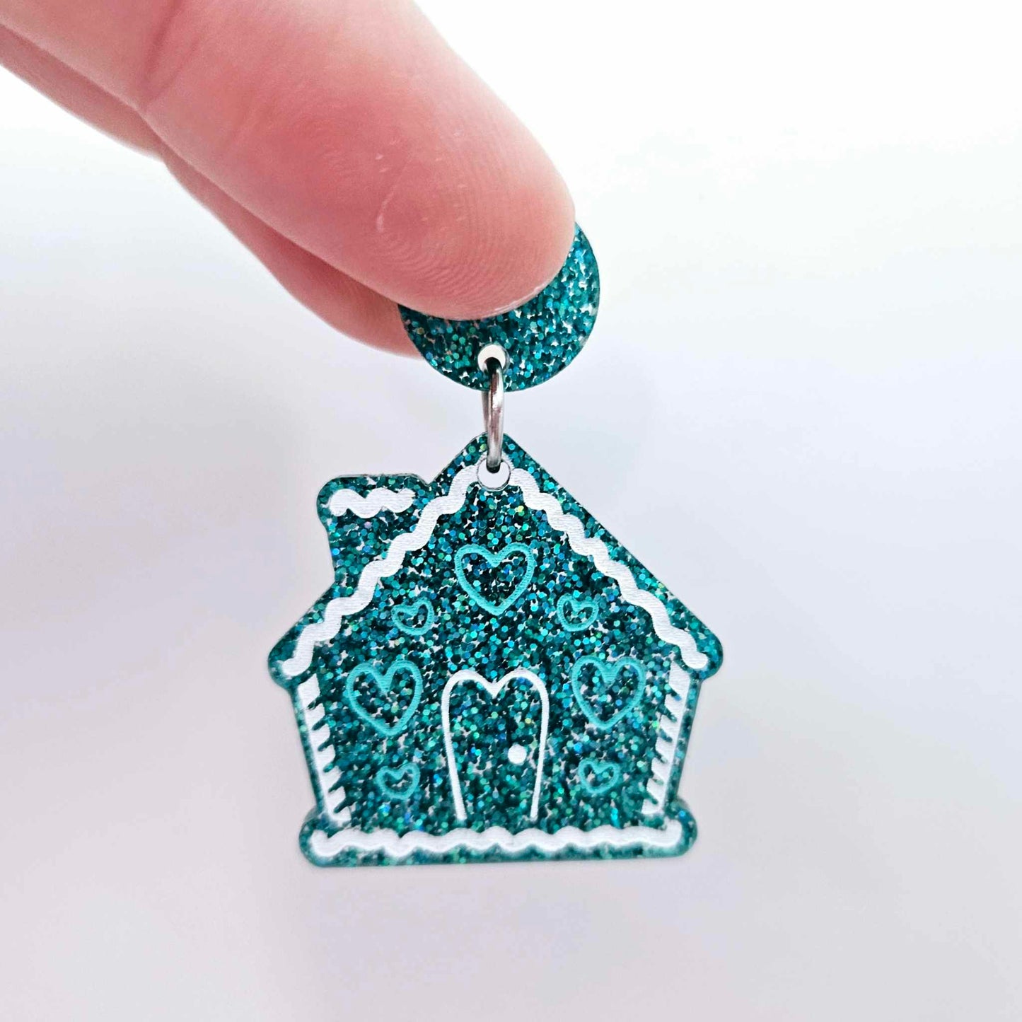 teal glitter gingerbread houses Christmas Xmas DIY earring supplies laser cut acrylic dangles blanks engraved paint fill icing frosting