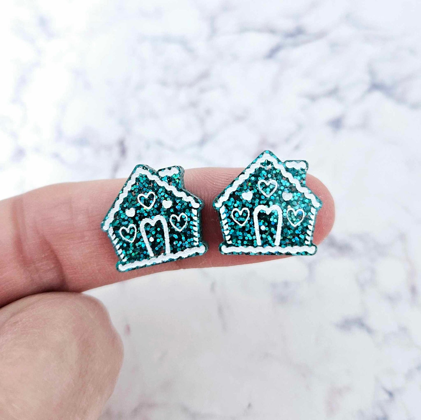 teal glitter gingerbread houses Christmas Xmas DIY earring supplies laser cut acrylic studs blanks engraved paint fill icing frosting