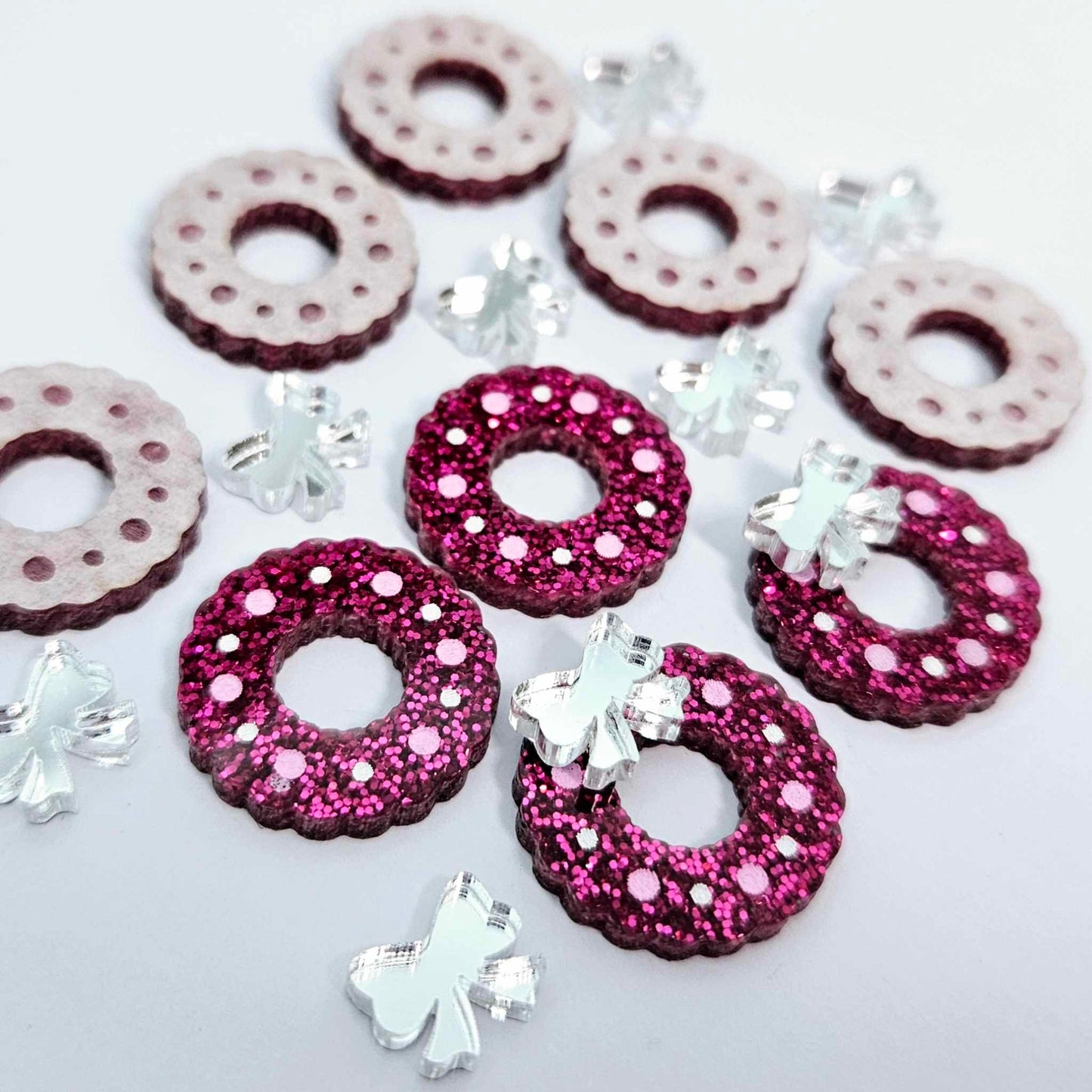 hot pink glitter wreath Christmas Xmas silver mirror bows DIY earring supplies laser cut acrylic studs blanks engraved paint filled baubles statement