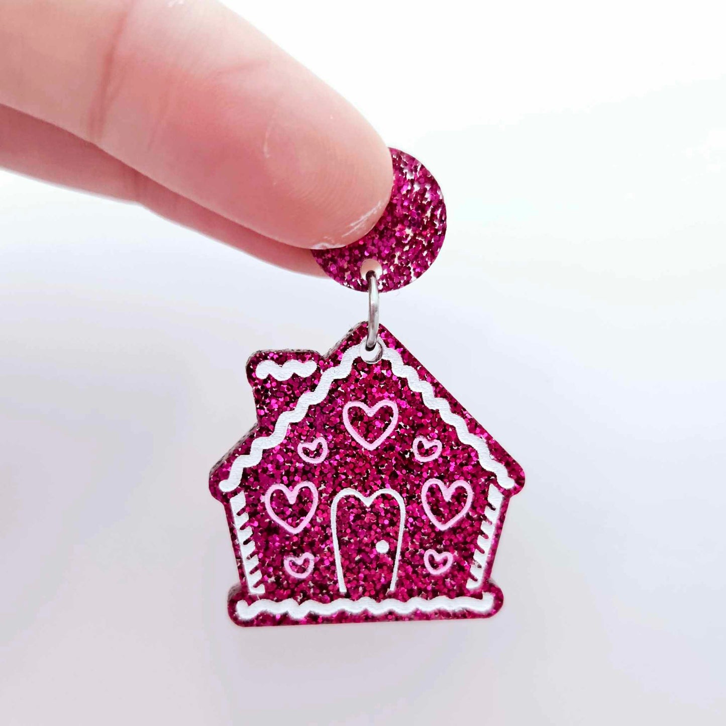 hot pink glitter gingerbread houses Christmas Xmas DIY earring supplies laser cut acrylic dangles blanks engraved paint fill icing frosting