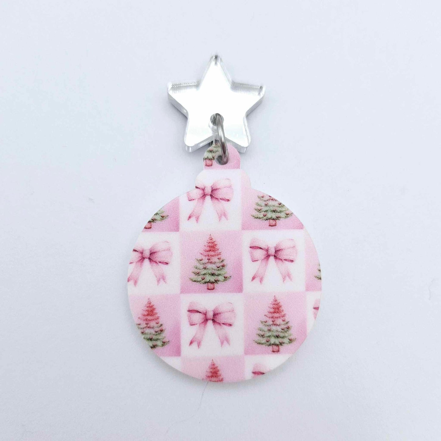 pink patchwork bows trees UV print baubles Christmas Xmas tree DIY earring supplies laser cut acrylic dangles blanks