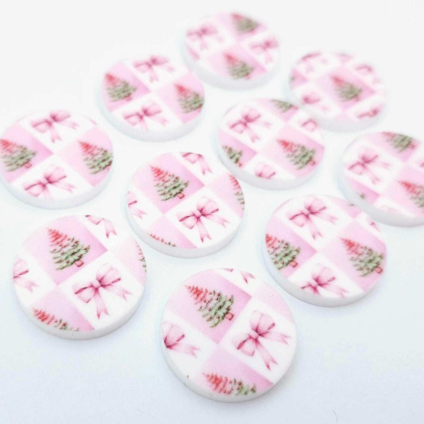 20mm circle pink patchwork trees bows vintage pastel UV print Christmas Xmas DIY earring supplies laser cut acrylic studs blanks