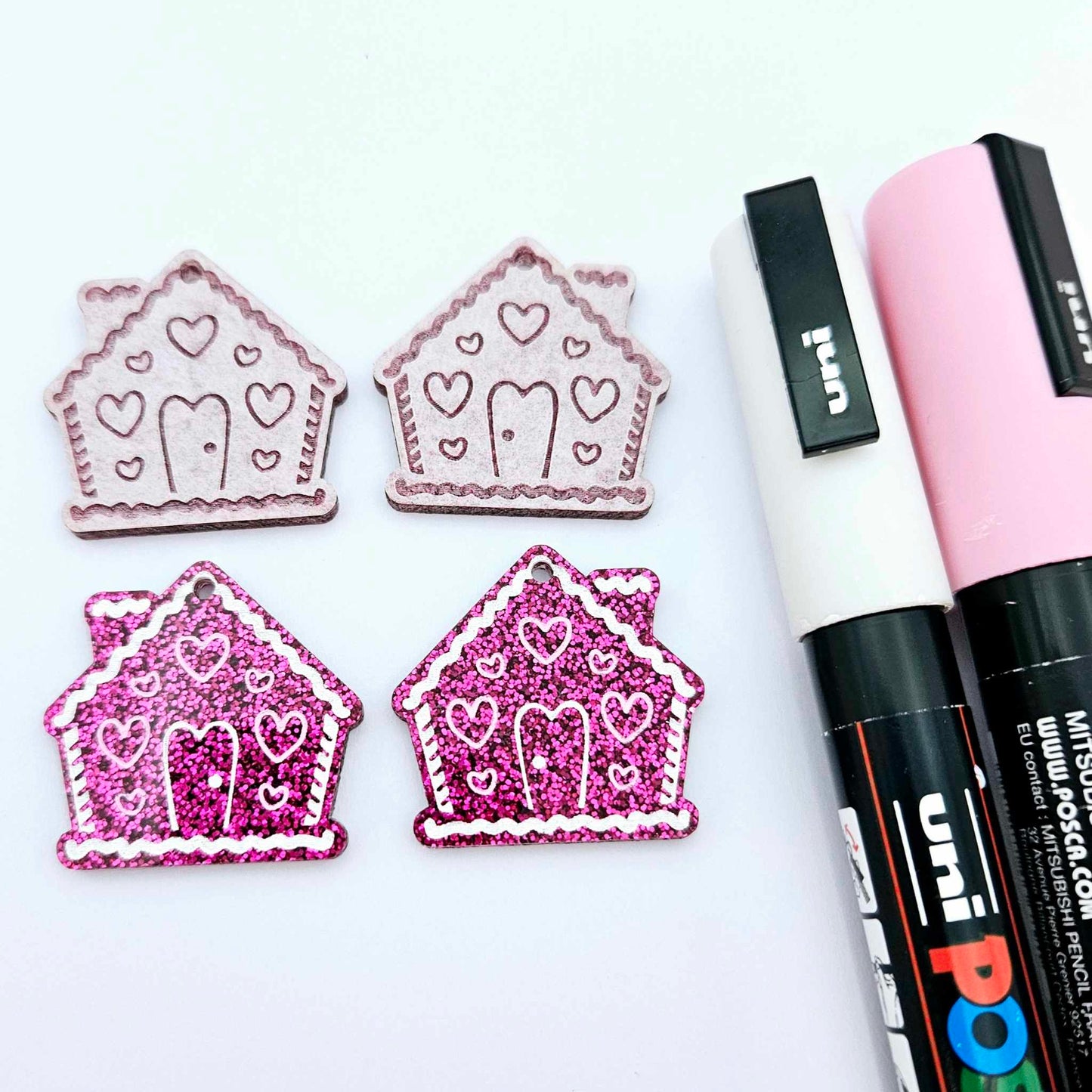 hot pink glitter gingerbread houses Christmas Xmas DIY earring supplies laser cut acrylic dangles blanks engraved paint fill icing frosting