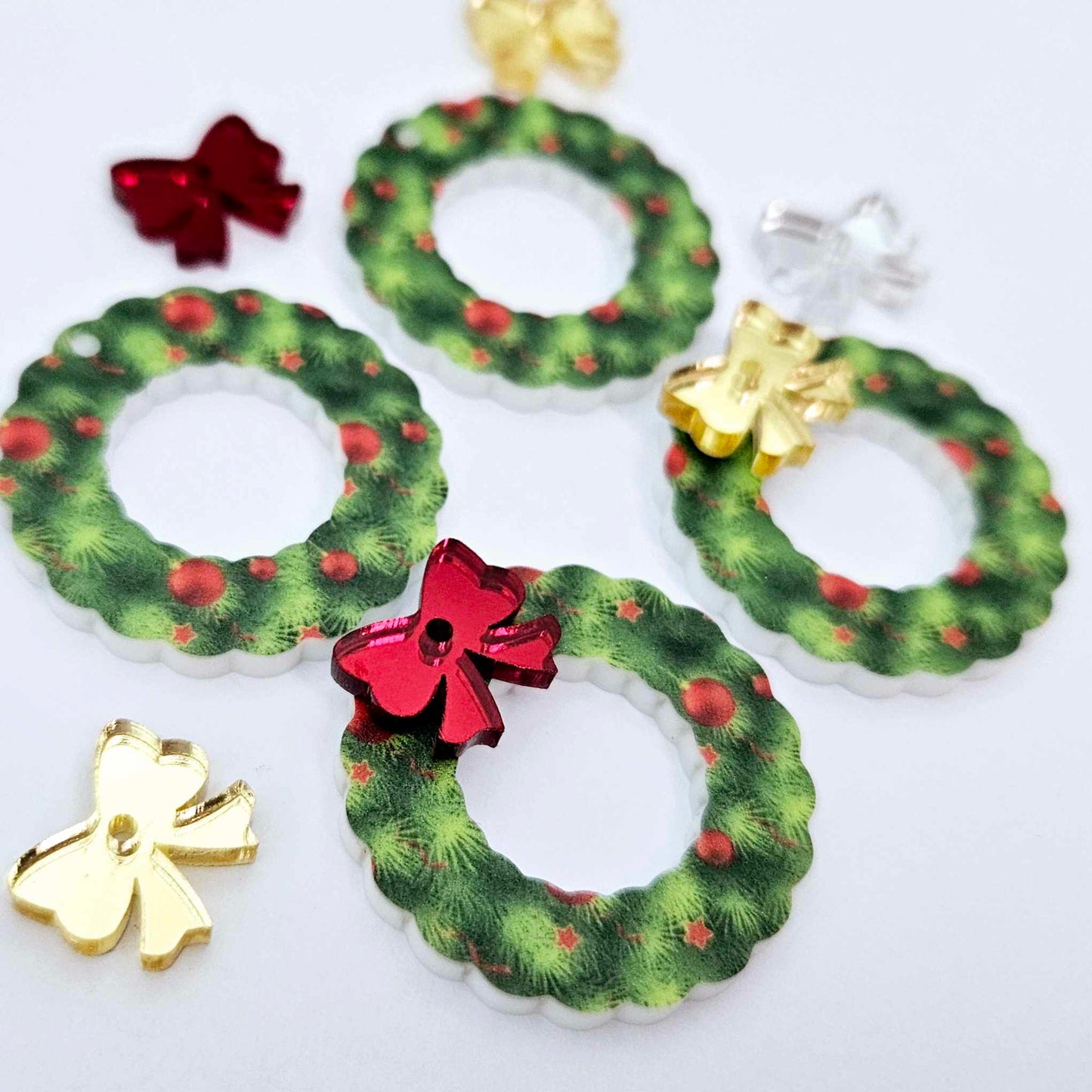 green UV print red baubles wreath Christmas Xmas bows DIY earring supplies laser cut acrylic dangles blanks engraved paint filled baubles layered hoops