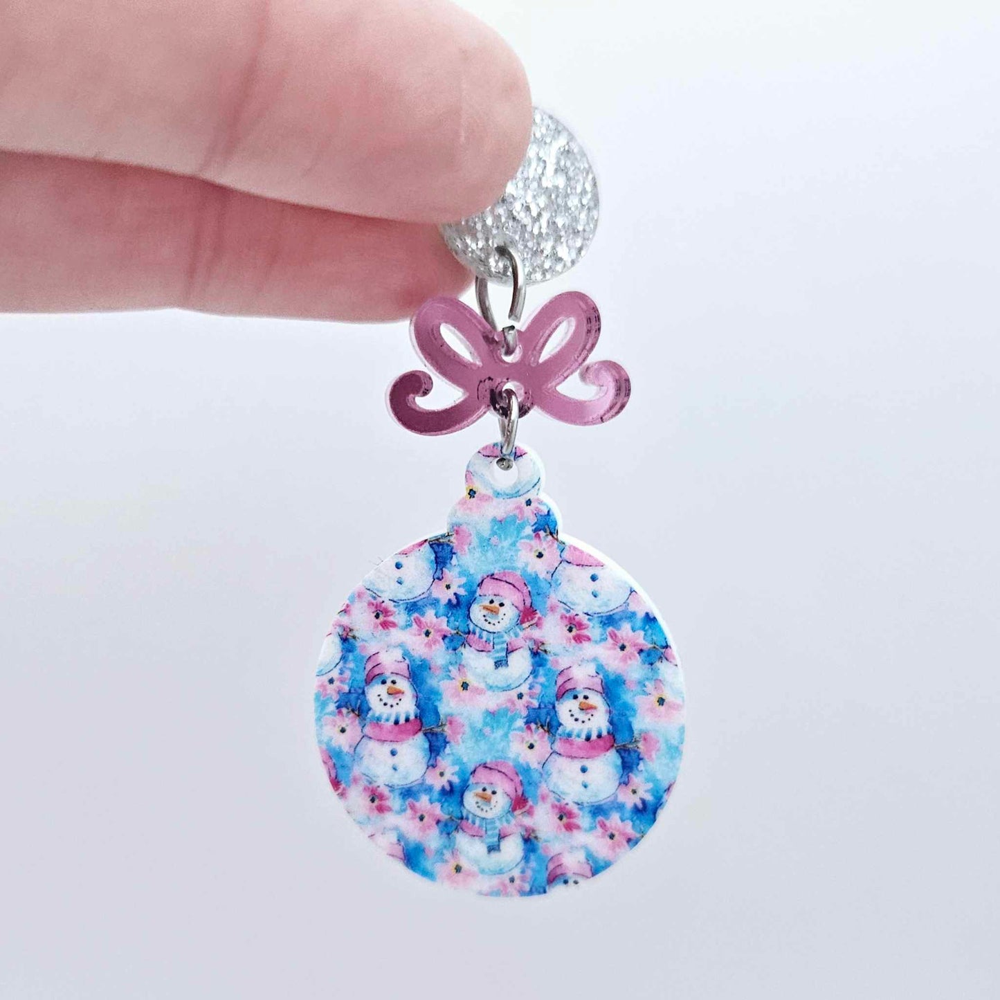 snowman wonderland pink blue UV print baubles Christmas Xmas tree DIY earring supplies laser cut acrylic dangles blanks