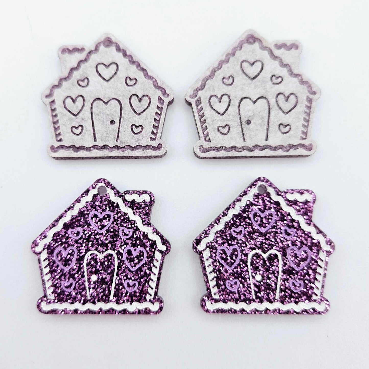 purple glitter gingerbread houses Christmas Xmas DIY earring supplies laser cut acrylic dangles blanks engraved paint fill icing frosting
