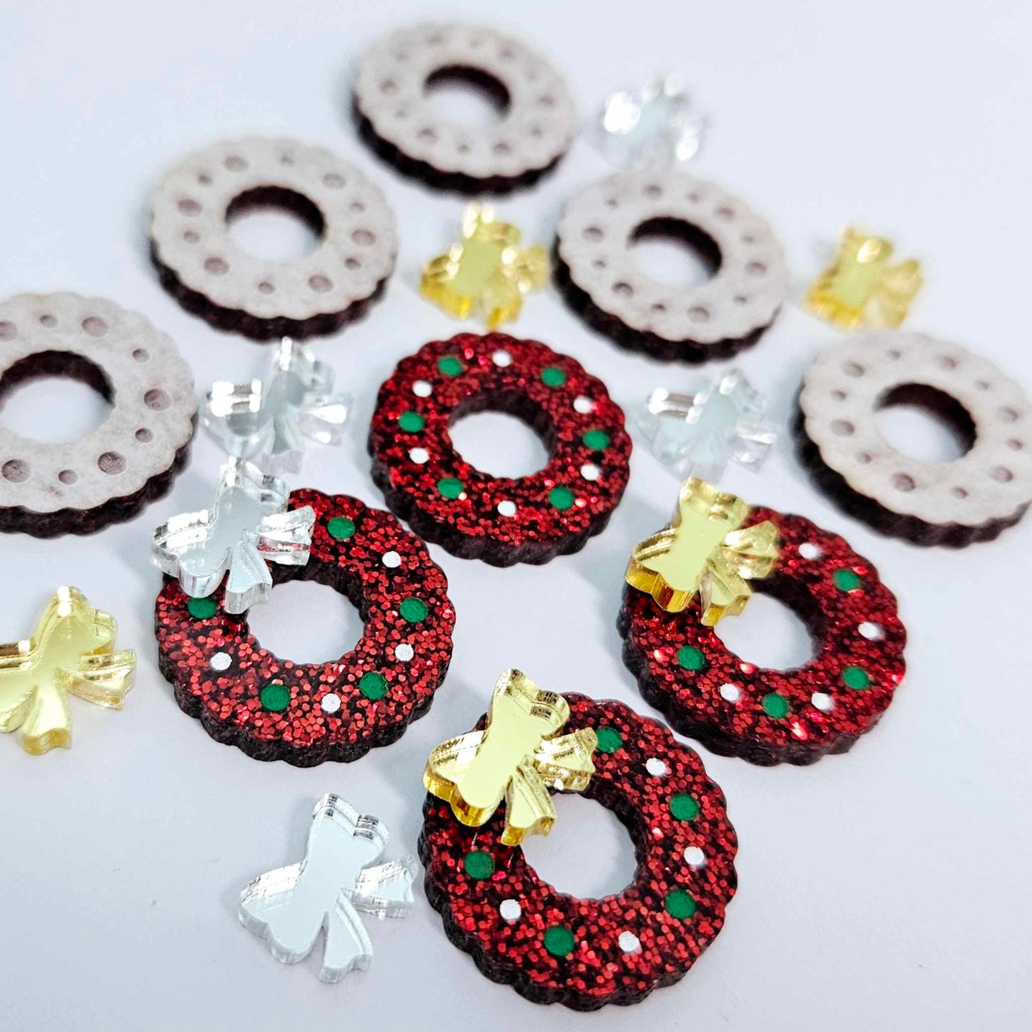 red glitter wreath Christmas Xmas silver mirror bows DIY earring supplies laser cut acrylic studs blanks engraved paint filled baubles statement