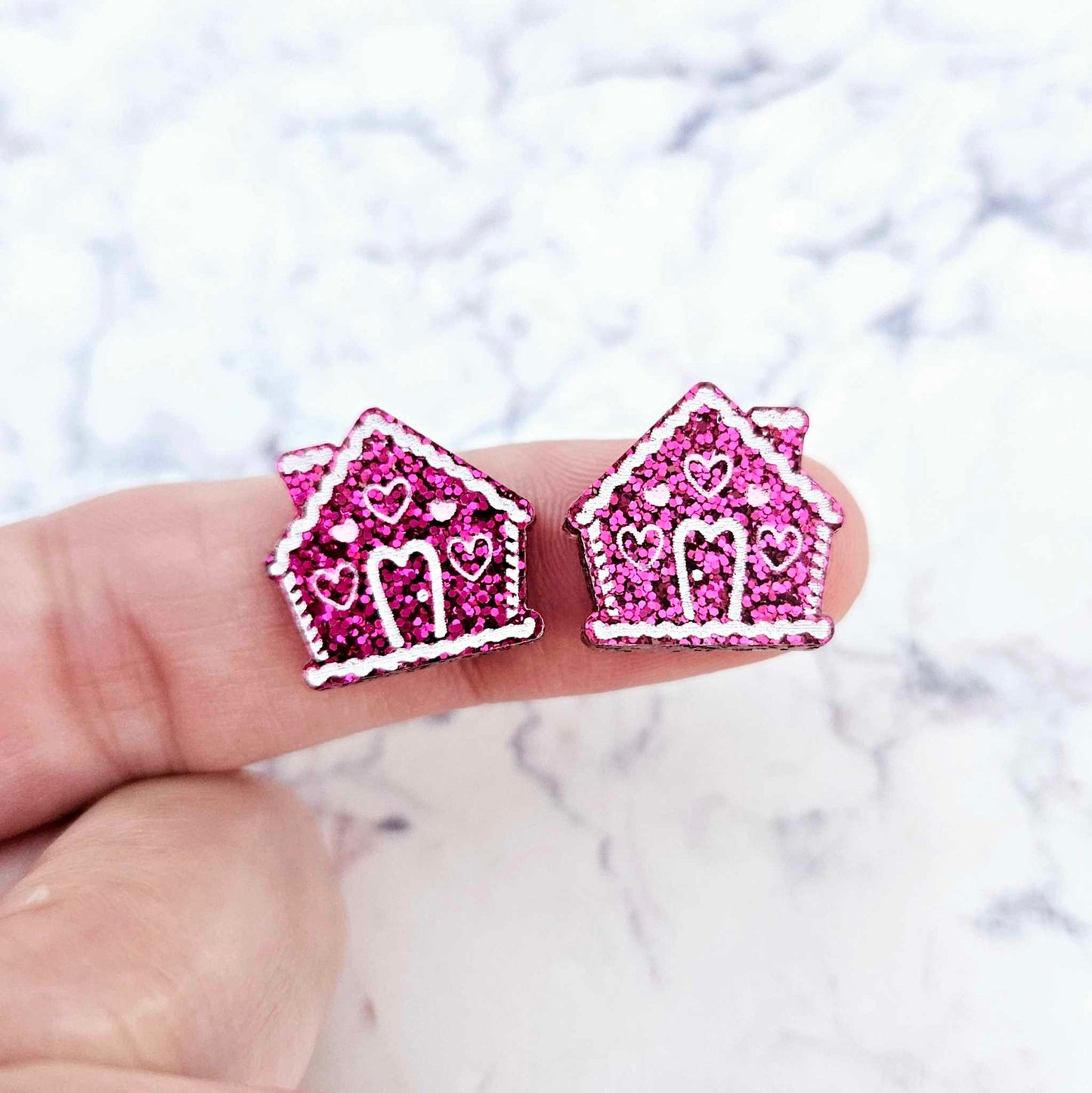 hot pink glitter gingerbread houses Christmas Xmas DIY earring supplies laser cut acrylic studs blanks engraved paint fill icing frosting