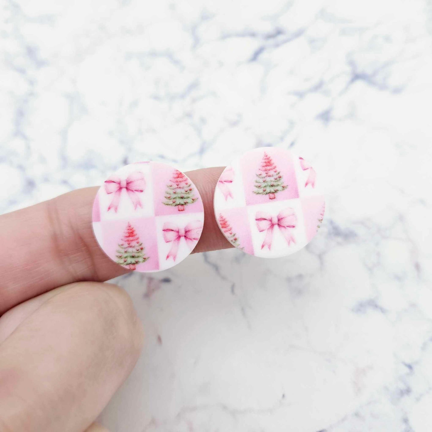 20mm circle pink patchwork trees bows vintage pastel UV print Christmas Xmas DIY earring supplies laser cut acrylic studs blanks