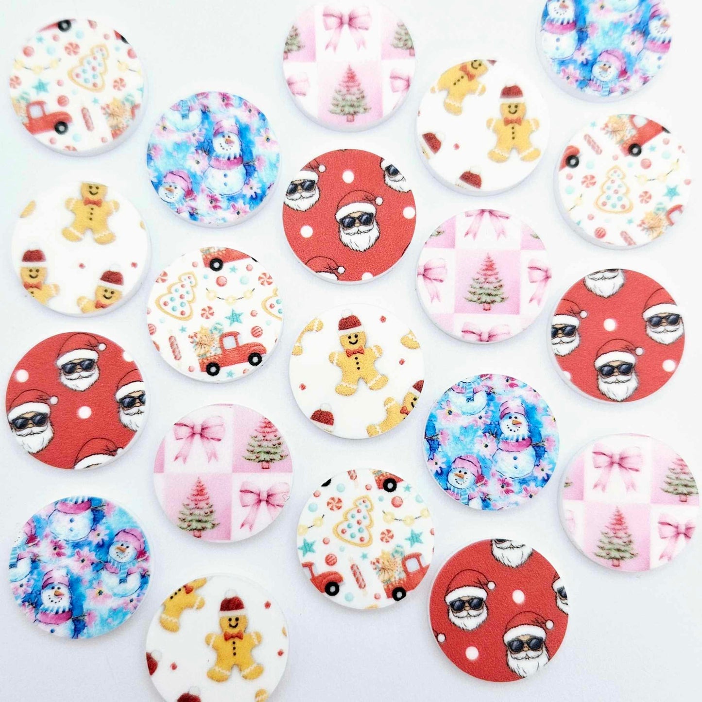 20mm circle santa sunnies cool red white snowman blue pink tree bows vintage truck ginger bread men UV print Christmas Xmas DIY earring supplies laser cut acrylic studs blanks mixed pack