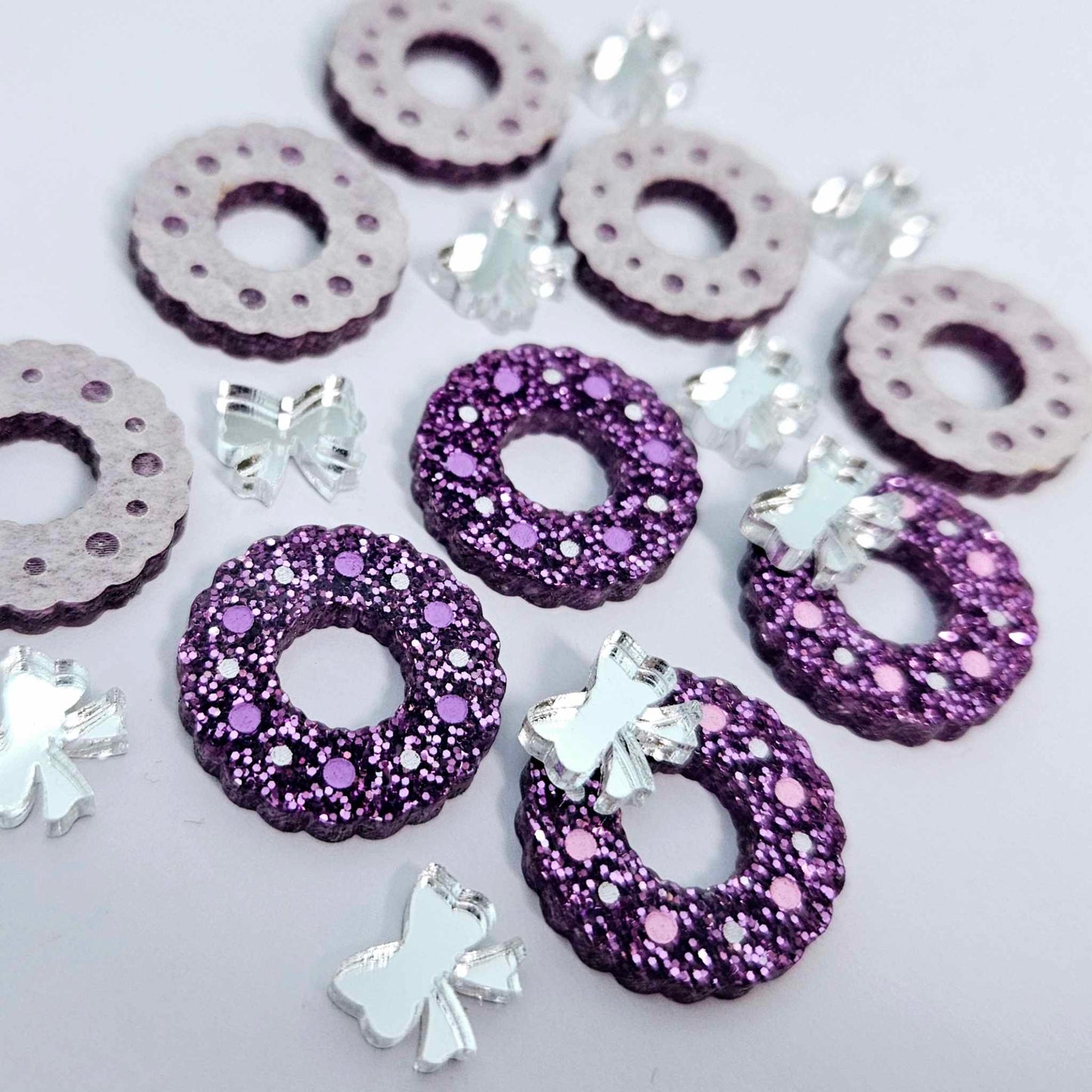 purple glitter wreath Christmas Xmas silver mirror bows DIY earring supplies laser cut acrylic studs blanks engraved paint filled baubles statement