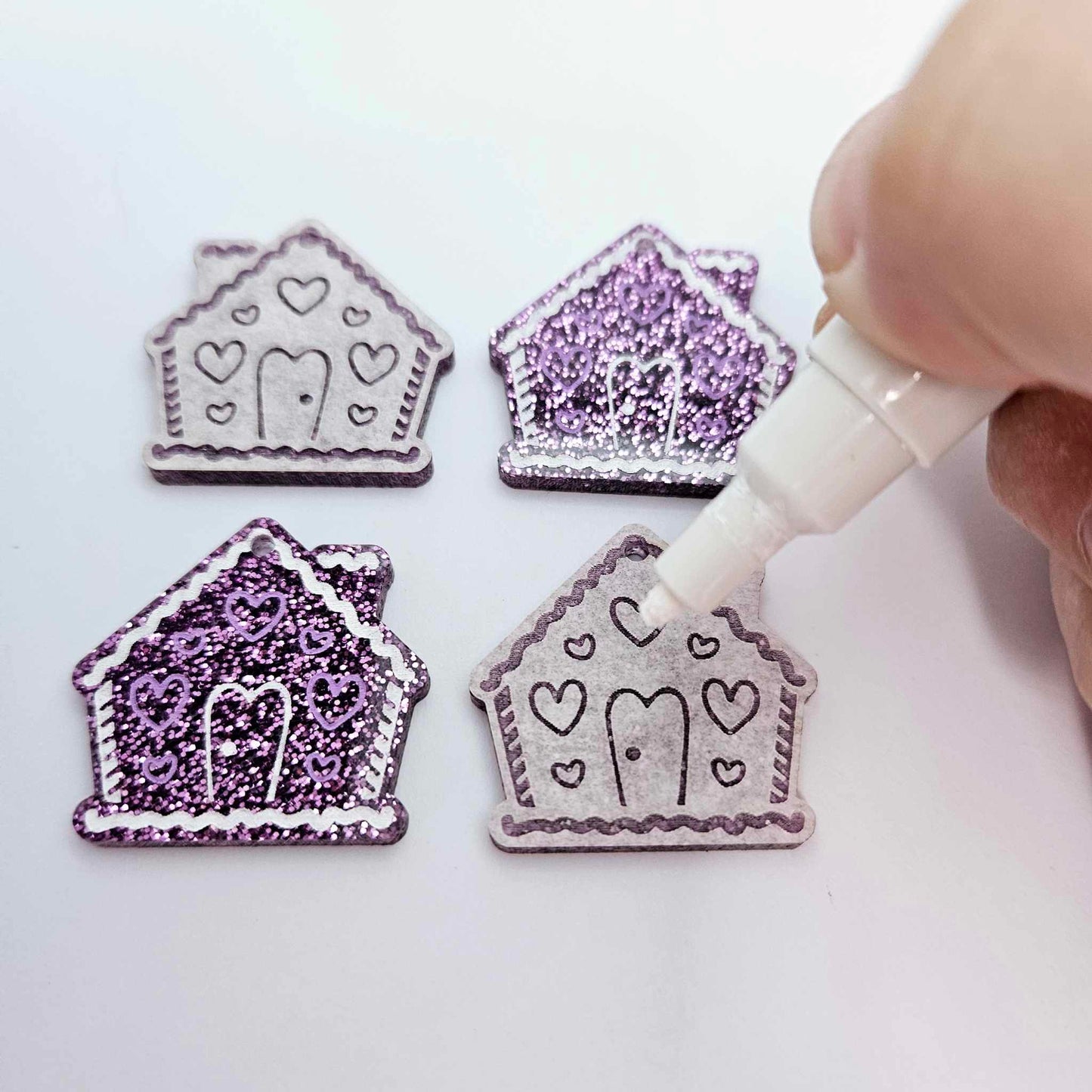 purple glitter gingerbread houses Christmas Xmas DIY earring supplies laser cut acrylic dangles blanks engraved paint fill icing frosting