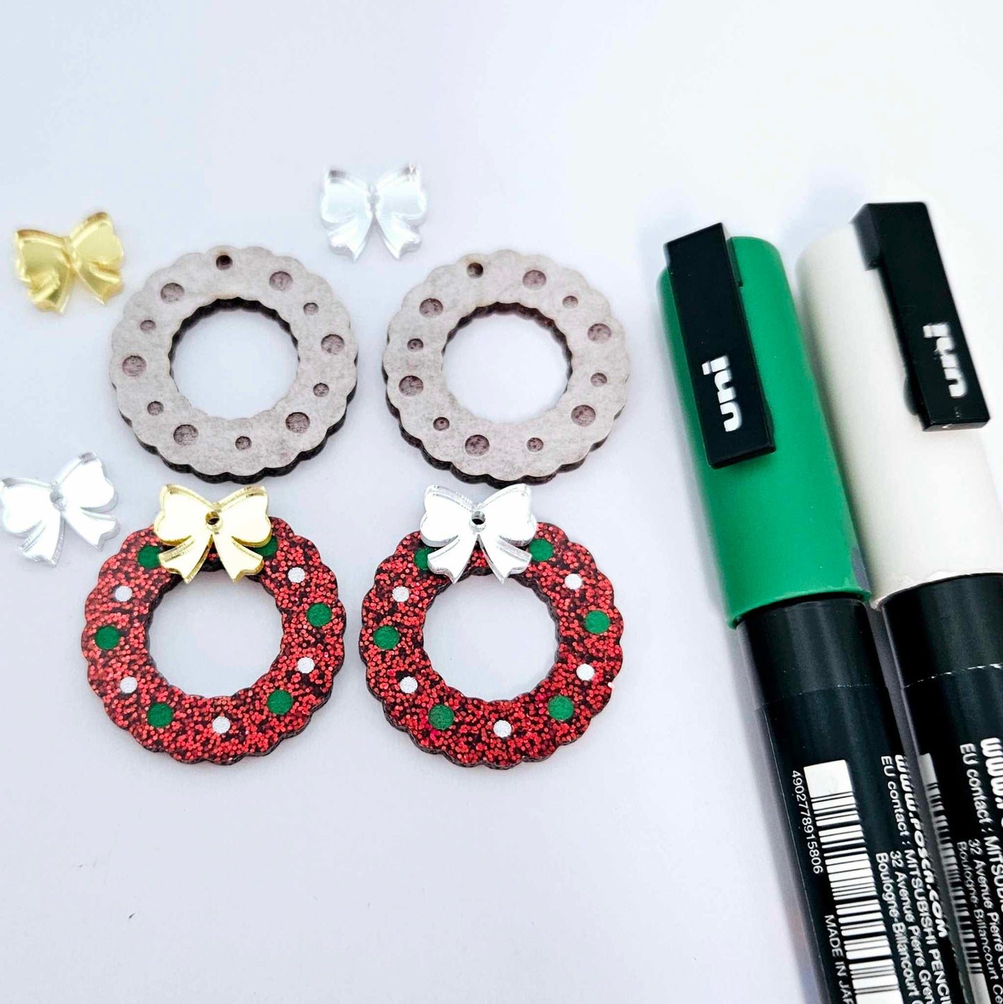 red glitter wreath Christmas Xmas bows DIY earring supplies laser cut acrylic dangles blanks engraved paint filled baubles layered hoops