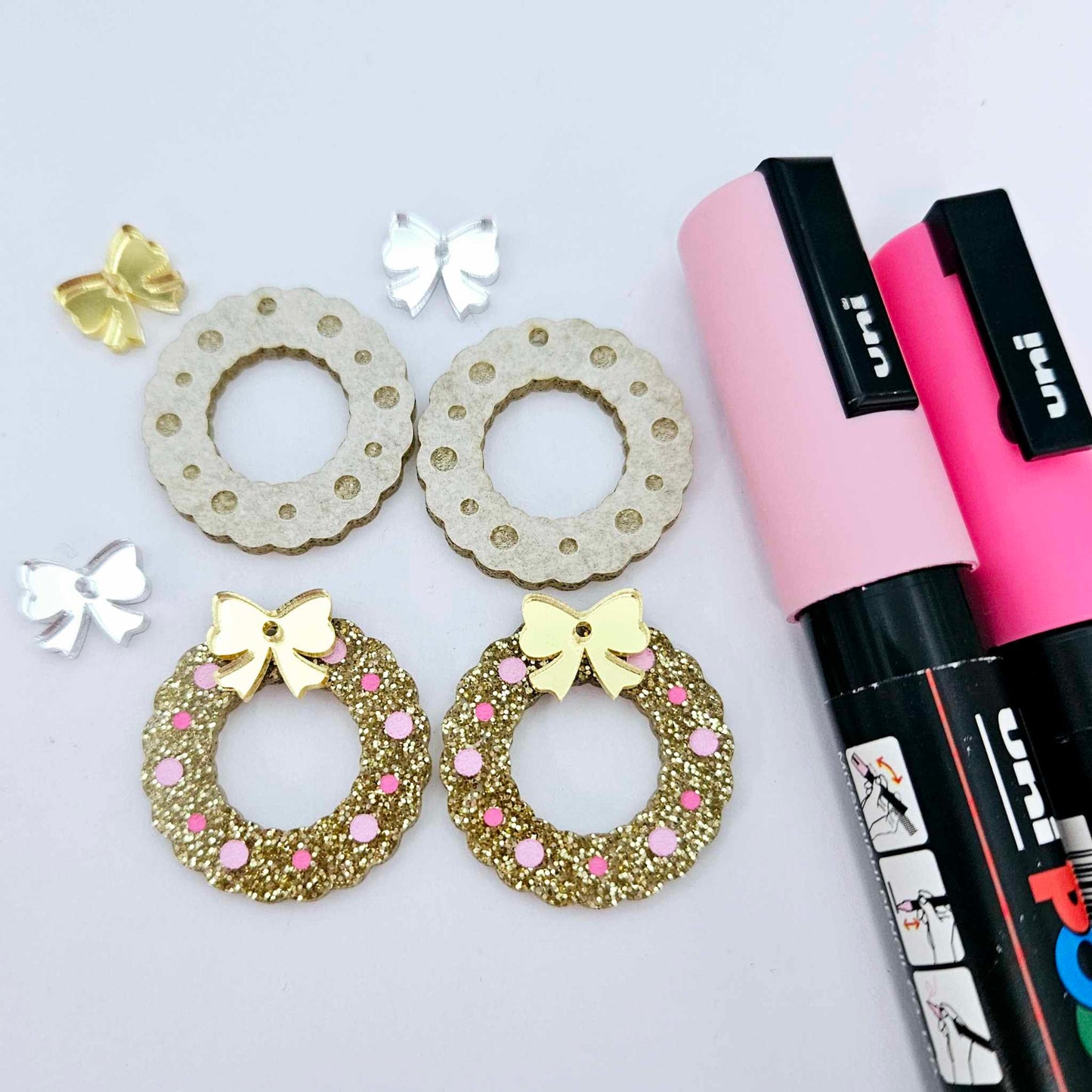 gold glitter wreath Christmas Xmas bows DIY earring supplies laser cut acrylic dangles blanks engraved paint filled baubles layered hoops