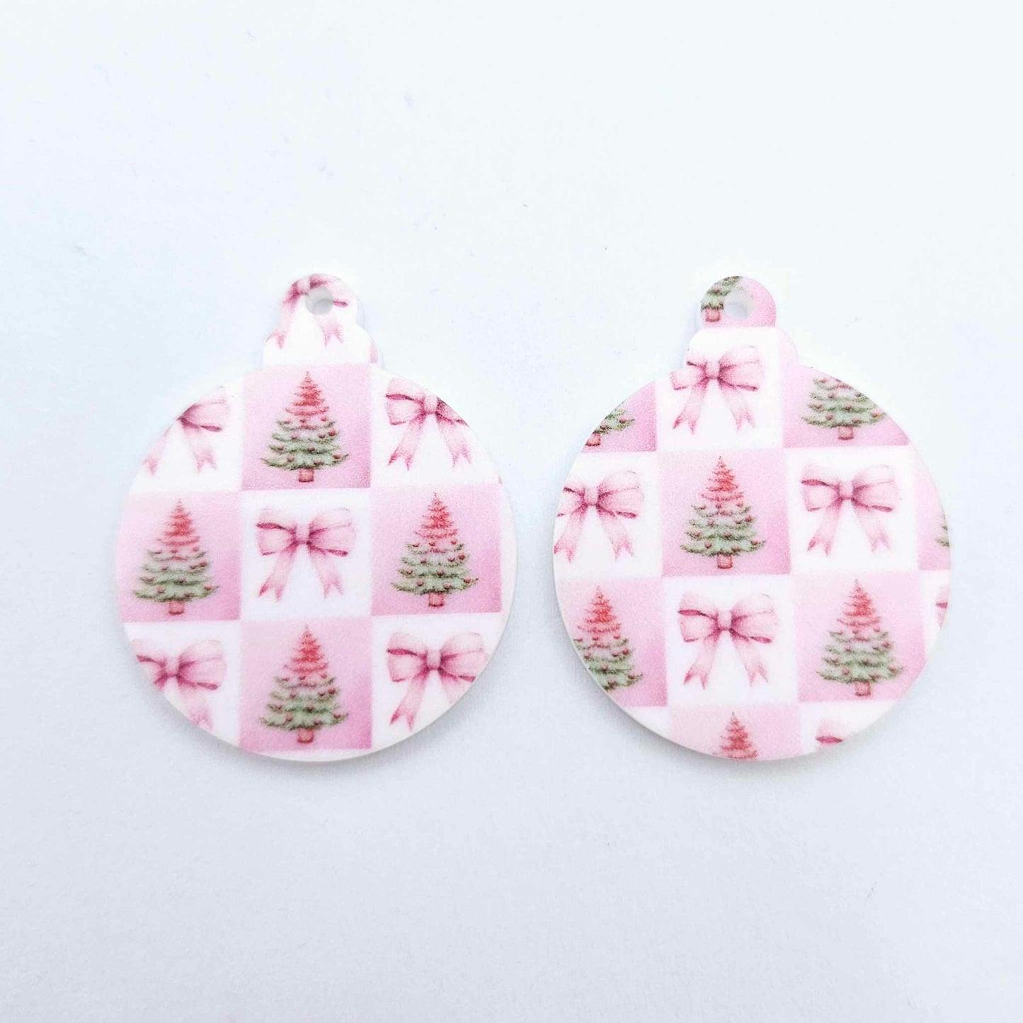 pink patchwork bows trees UV print baubles Christmas Xmas tree DIY earring supplies laser cut acrylic dangles blanks