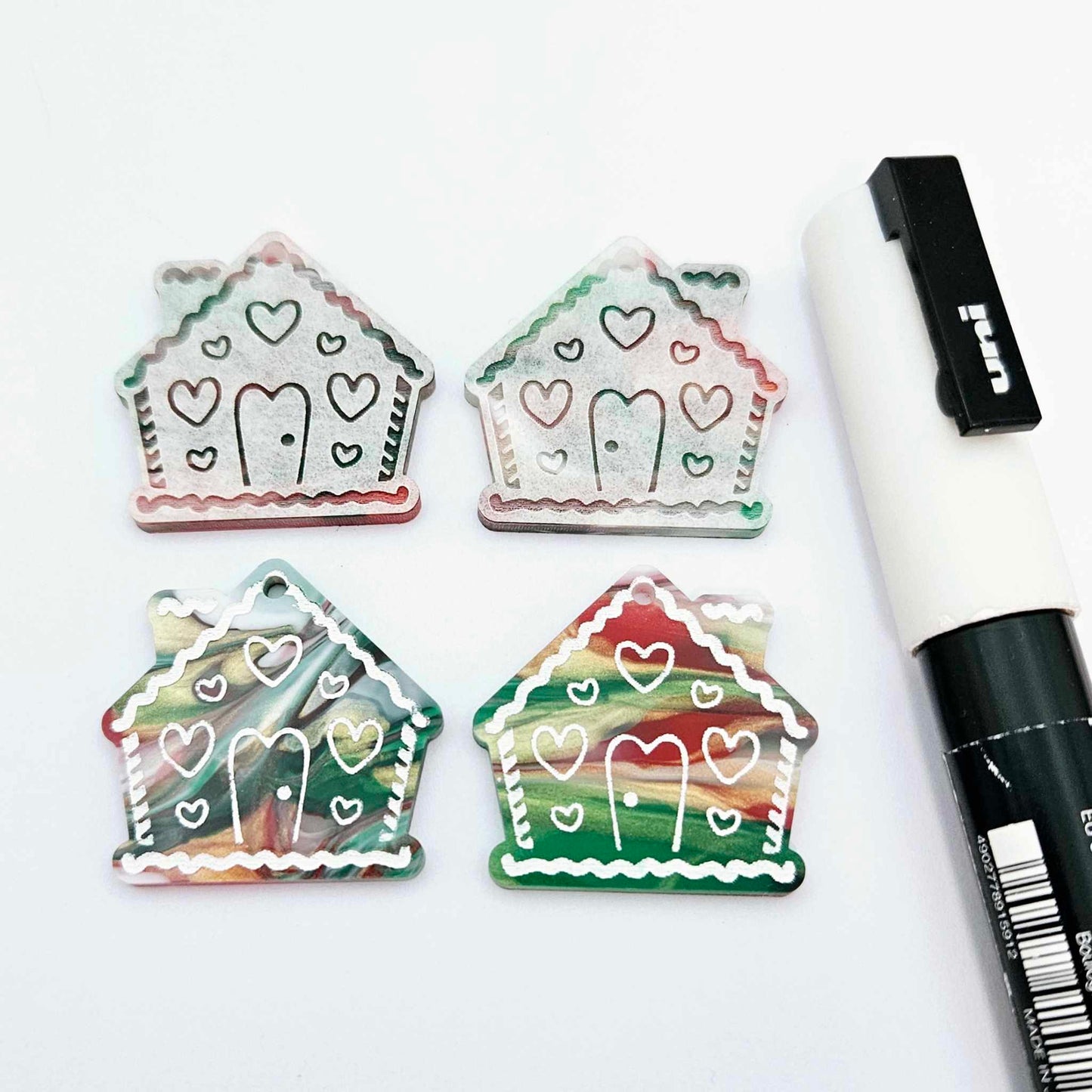 red green white gold shimmer swirl marble gingerbread houses Christmas Xmas DIY earring supplies laser cut acrylic dangles blanks engraved paint fill icing frosting