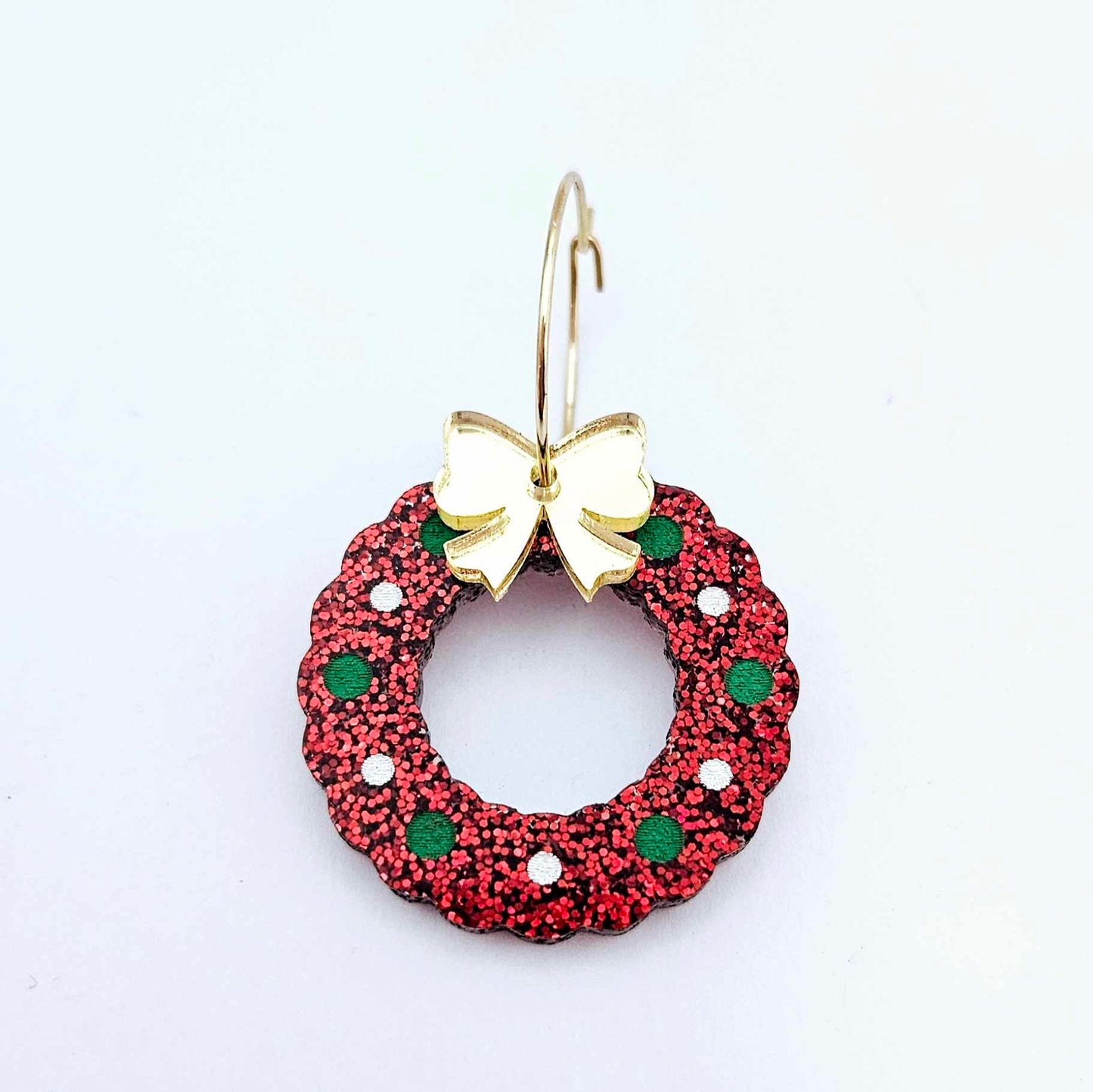 red glitter wreath Christmas Xmas bows DIY earring supplies laser cut acrylic dangles blanks engraved paint filled baubles layered hoops