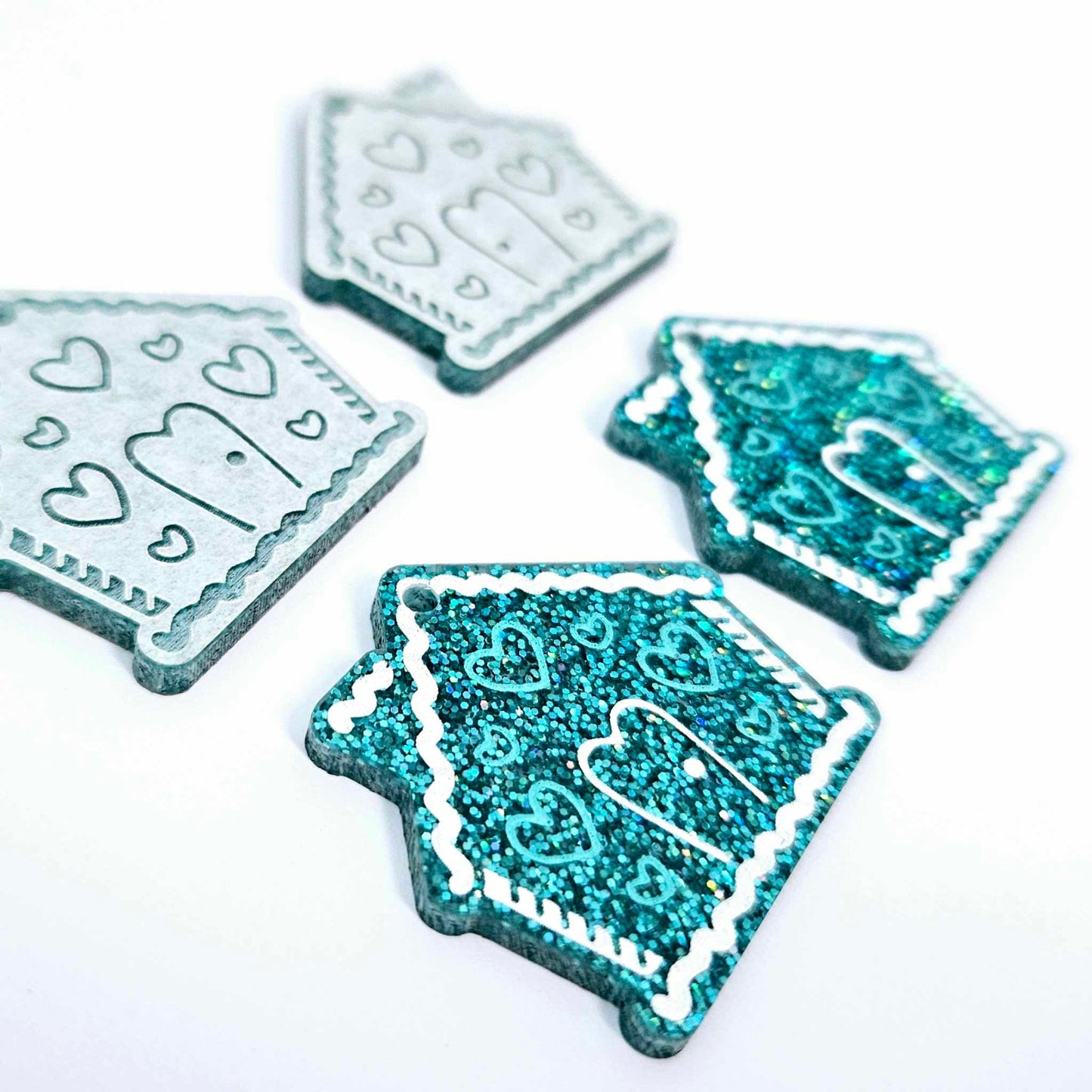 teal glitter gingerbread houses Christmas Xmas DIY earring supplies laser cut acrylic dangles blanks engraved paint fill icing frosting