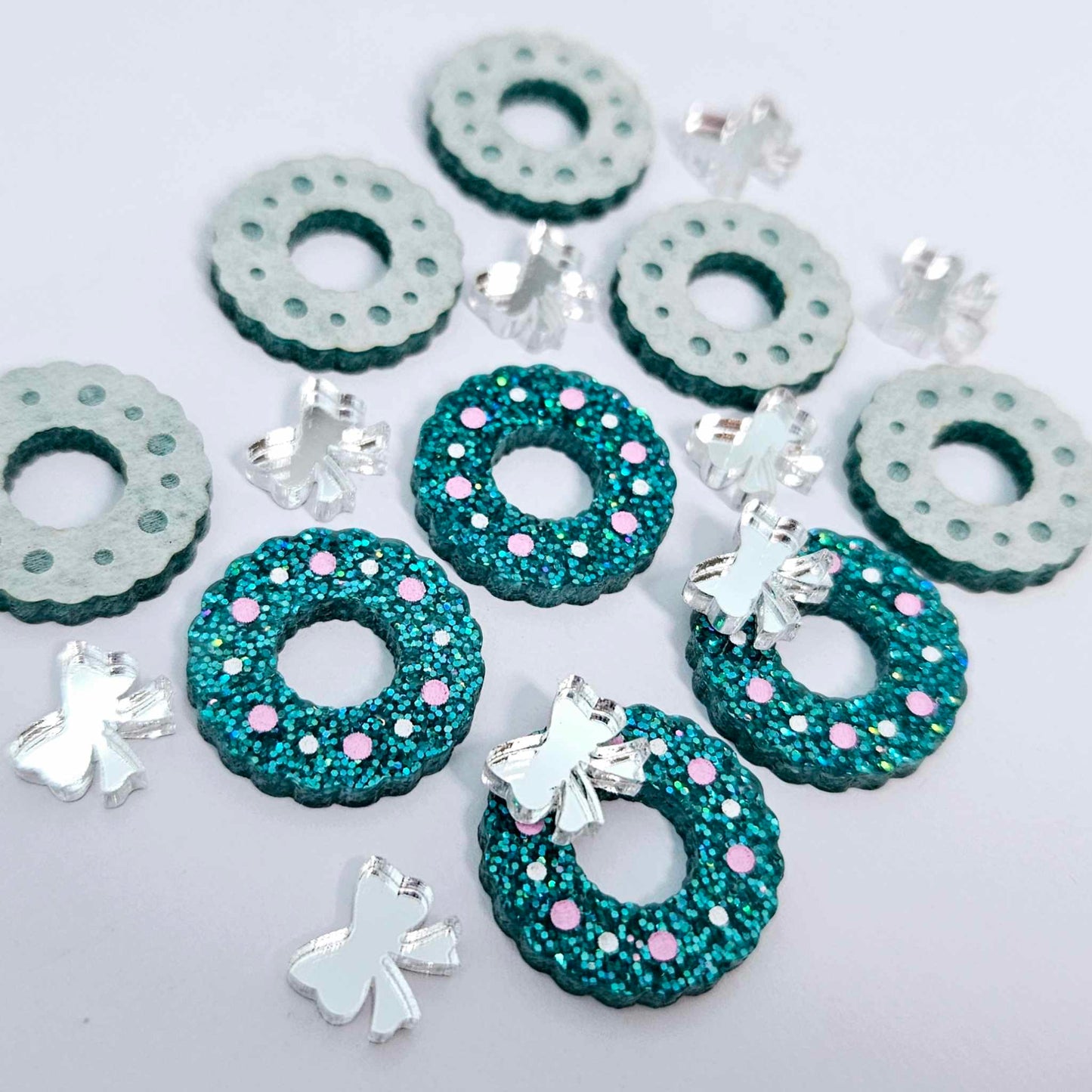 teal glitter wreath Christmas Xmas silver mirror bows DIY earring supplies laser cut acrylic studs blanks engraved paint filled baubles statement