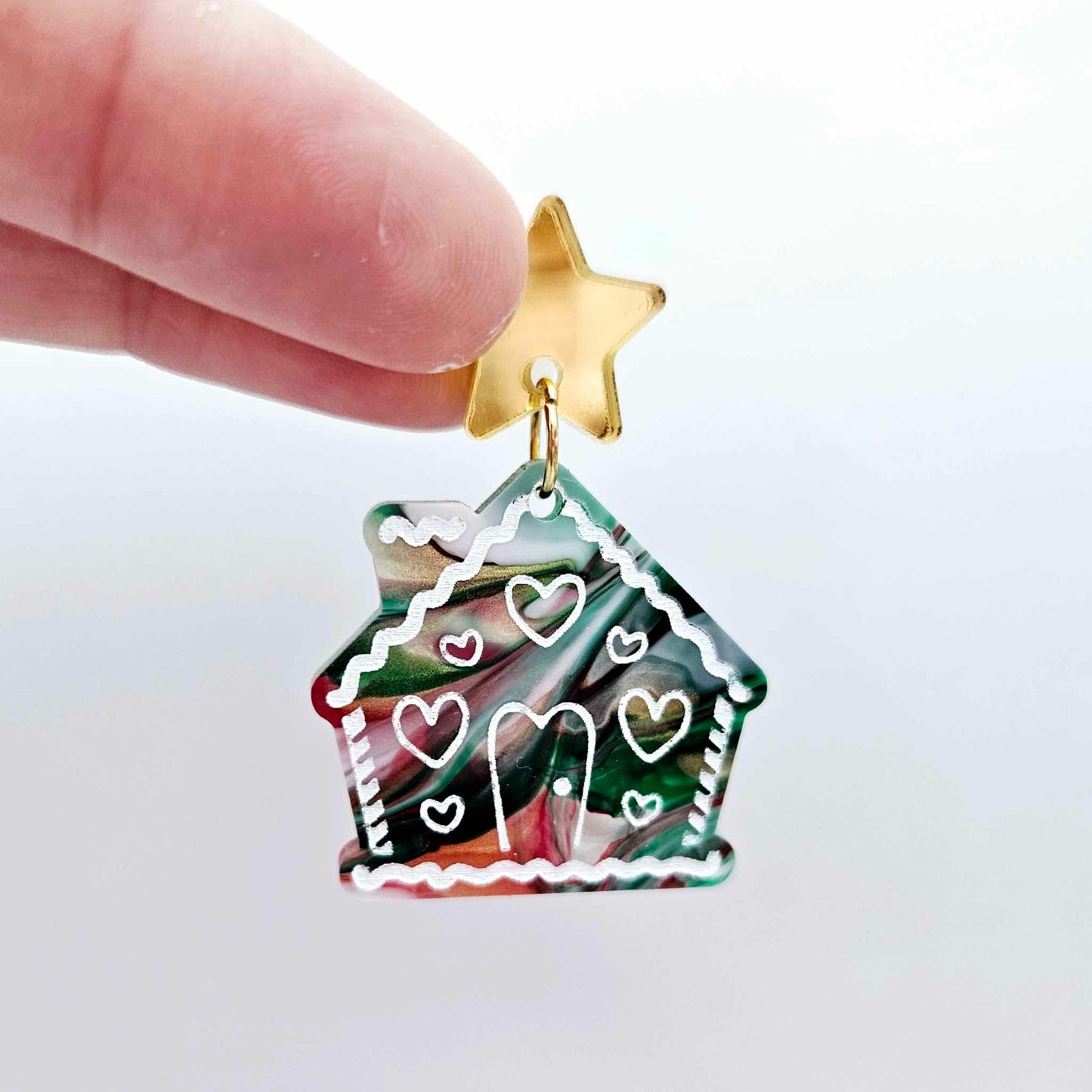red green white gold shimmer swirl marble gingerbread houses Christmas Xmas DIY earring supplies laser cut acrylic dangles blanks engraved paint fill icing frosting