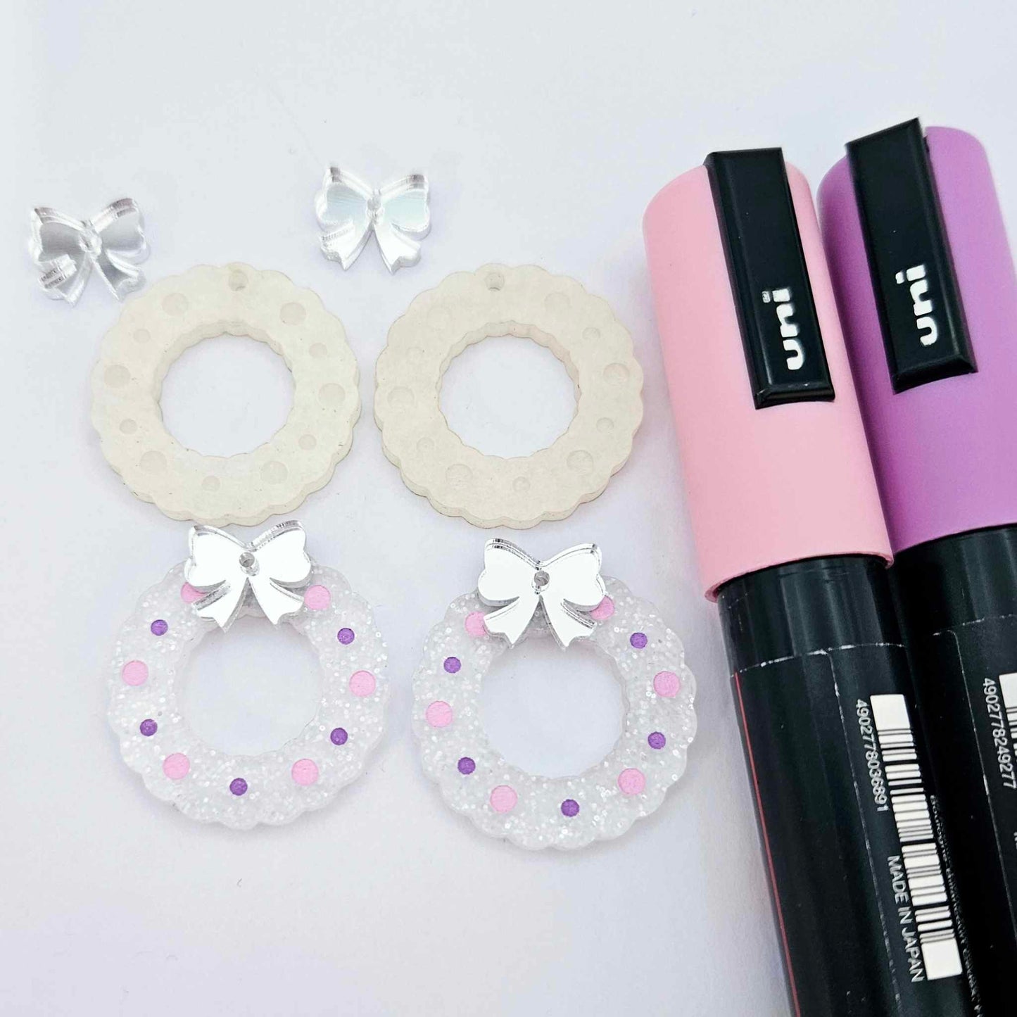 fairy dust clear silver glitter wreath Christmas Xmas bows DIY earring supplies laser cut acrylic dangles blanks engraved paint filled baubles layered hoops