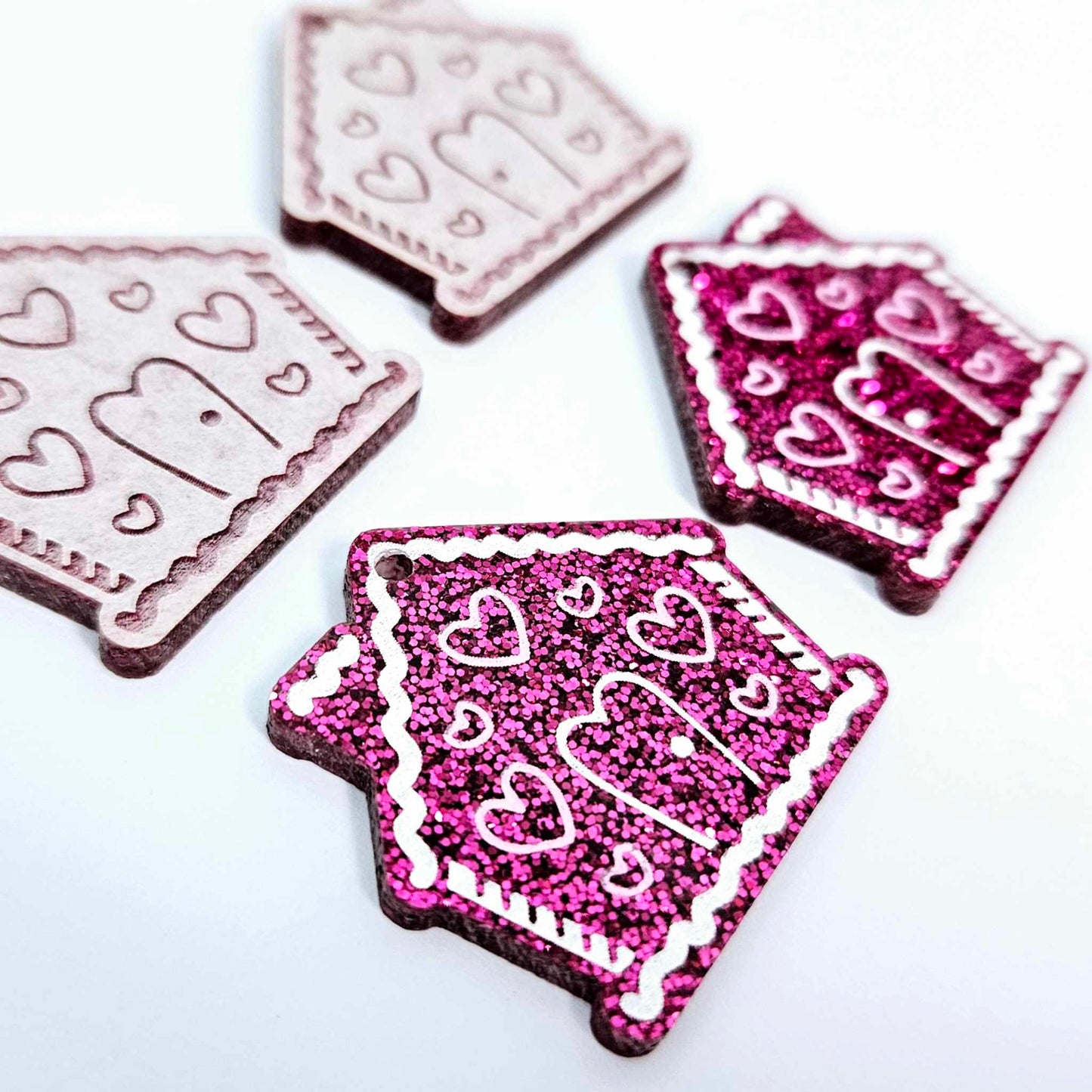 hot pink glitter gingerbread houses Christmas Xmas DIY earring supplies laser cut acrylic dangles blanks engraved paint fill icing frosting