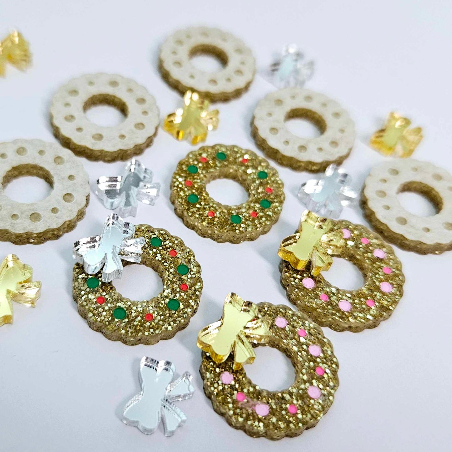 gold glitter wreath Christmas Xmas silver mirror bows DIY earring supplies laser cut acrylic studs blanks engraved paint filled baubles statement
