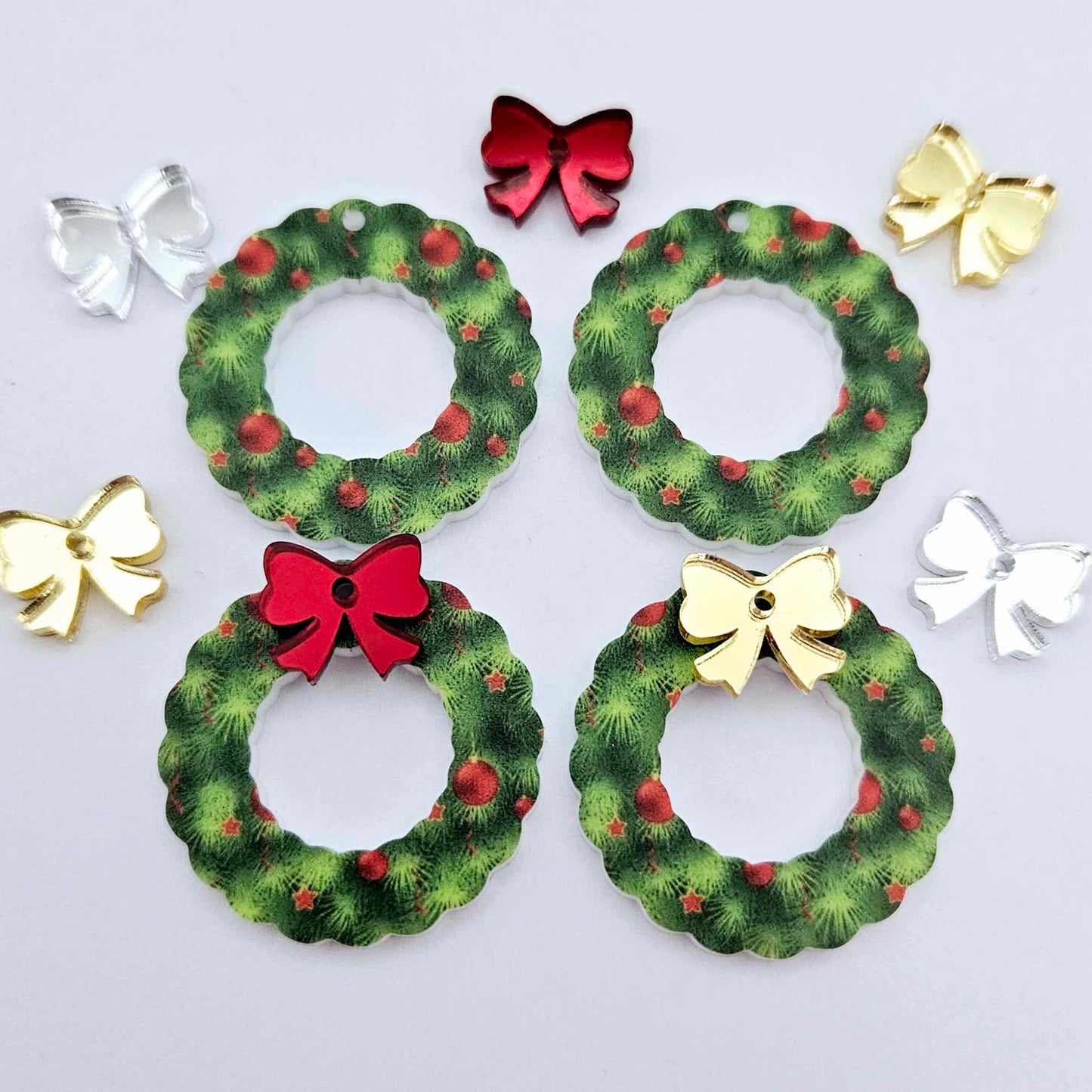 green UV print red baubles wreath Christmas Xmas bows DIY earring supplies laser cut acrylic dangles blanks engraved layered hoops