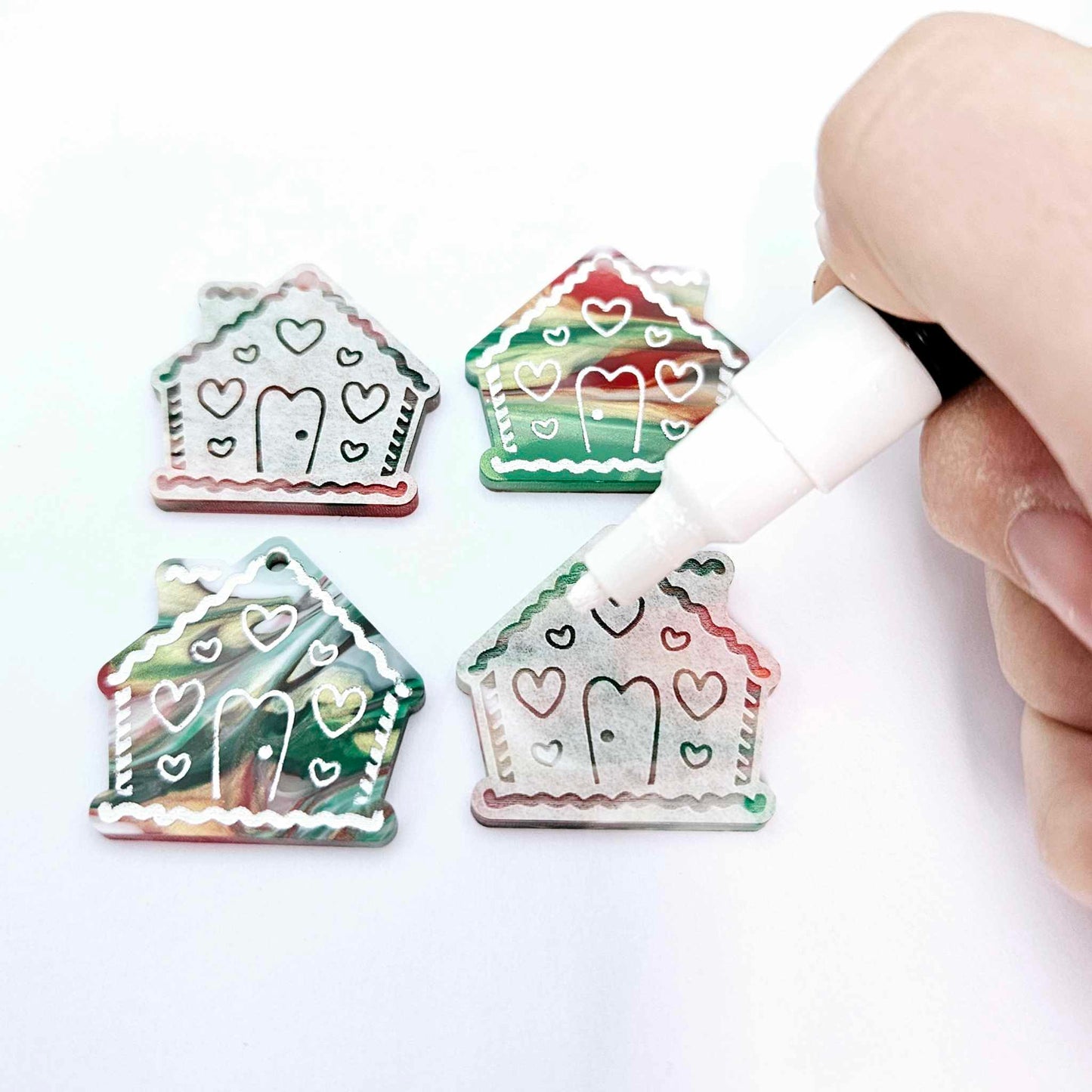 red green white gold shimmer swirl marble gingerbread houses Christmas Xmas DIY earring supplies laser cut acrylic dangles blanks engraved paint fill icing frosting