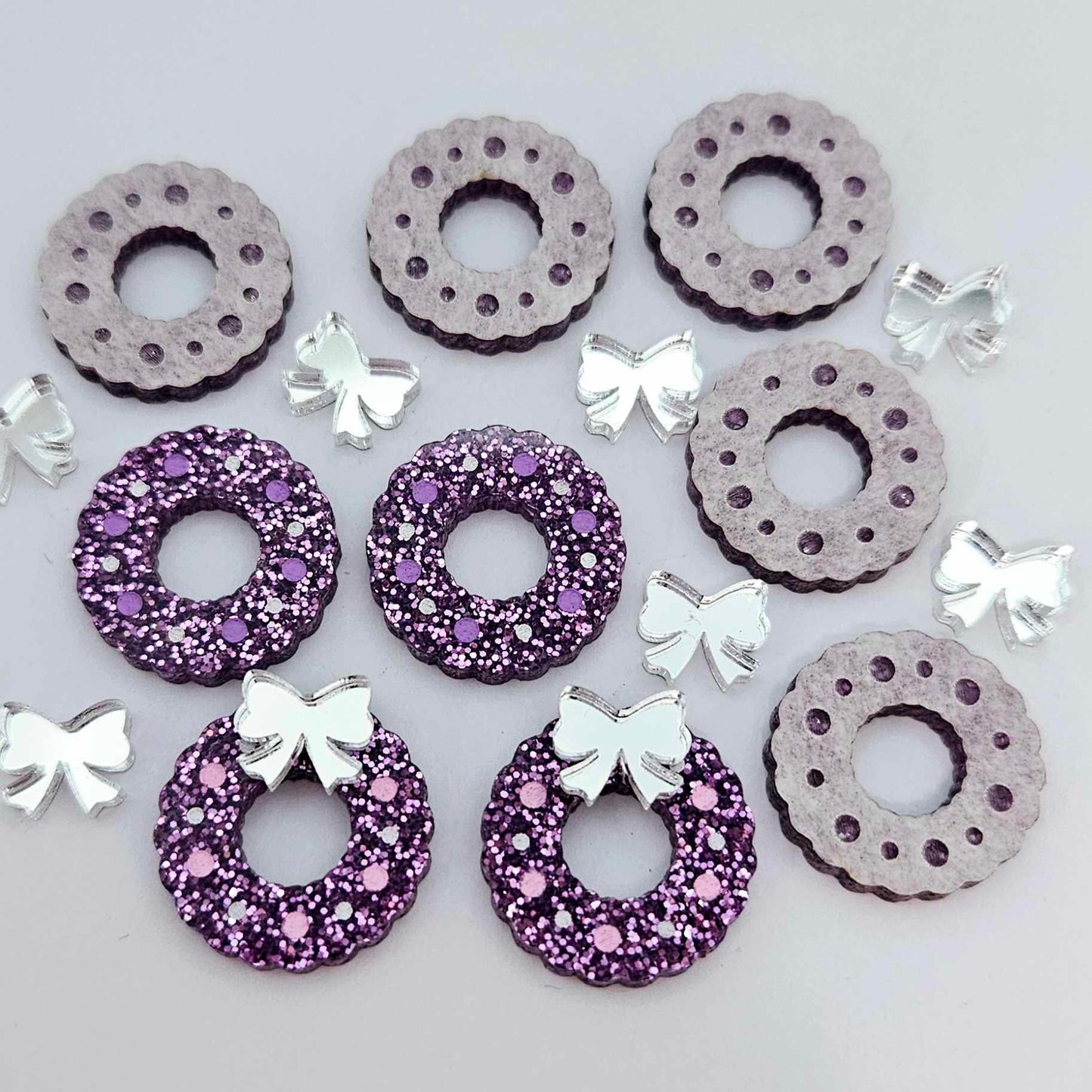 purple glitter wreath Christmas Xmas silver mirror bows DIY earring supplies laser cut acrylic studs blanks engraved paint filled baubles statement