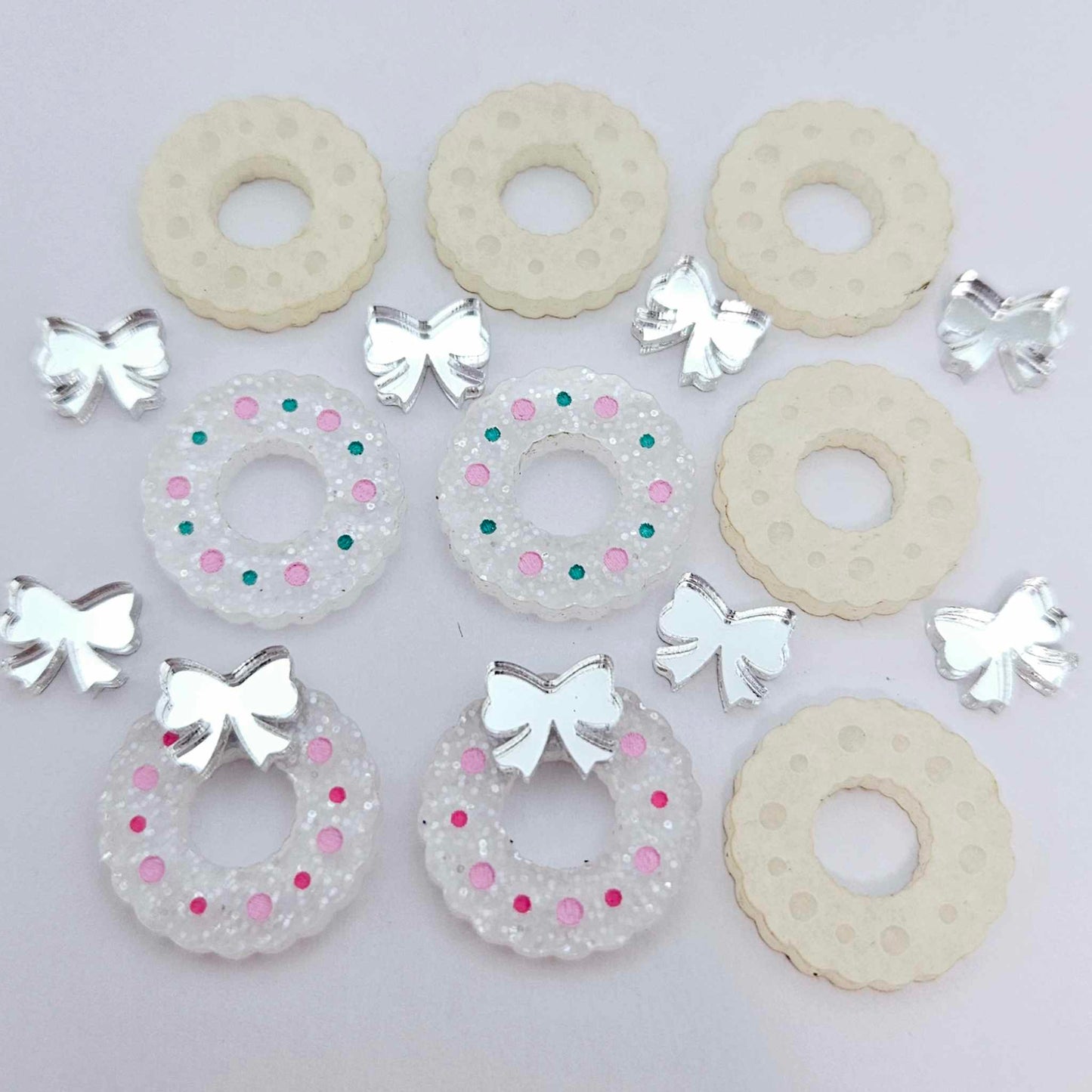 fairy dust silver clear glitter wreath Christmas Xmas silver mirror bows DIY earring supplies laser cut acrylic studs blanks engraved paint filled baubles statement