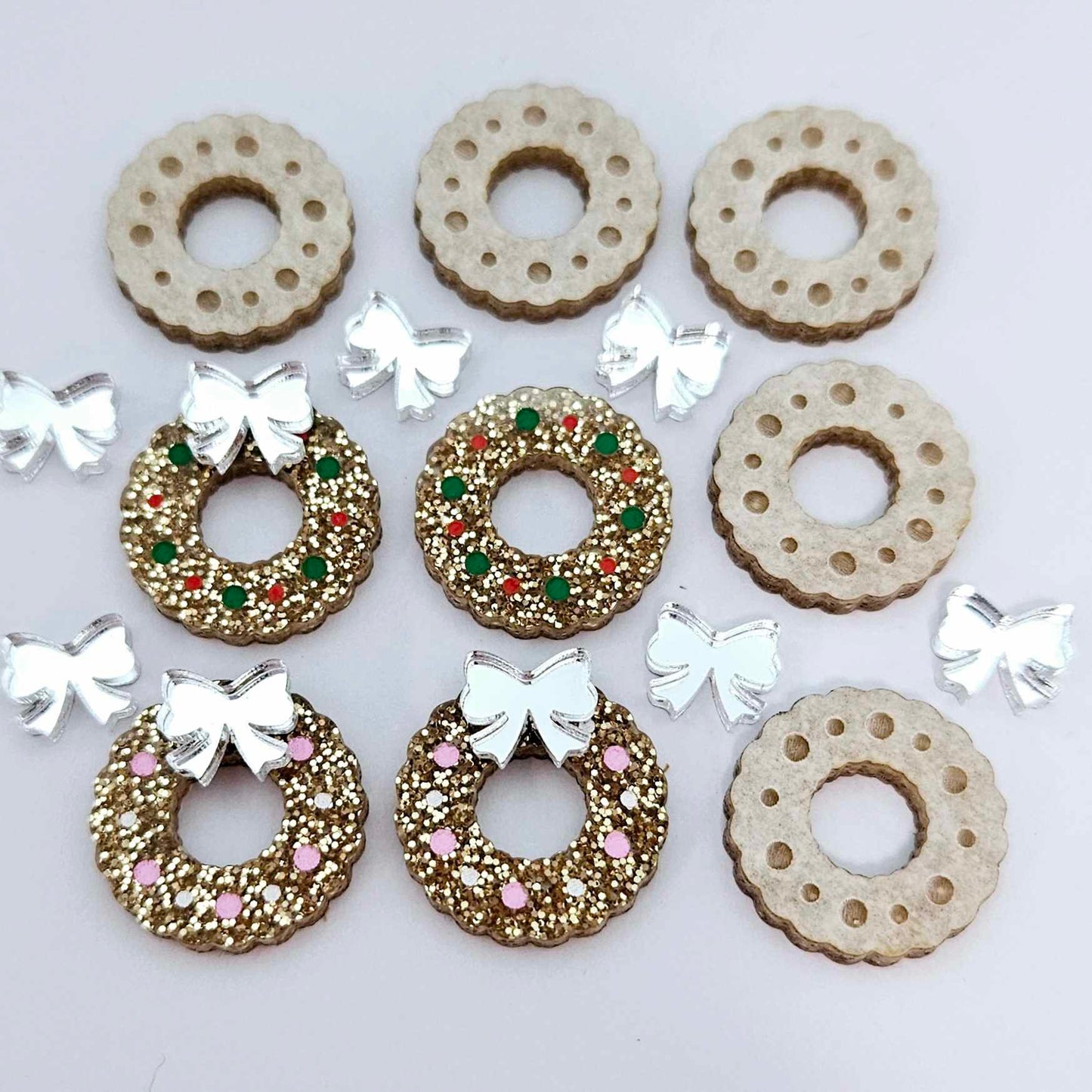 rose gold glitter wreath Christmas Xmas silver mirror bows DIY earring supplies laser cut acrylic studs blanks engraved paint filled baubles statement